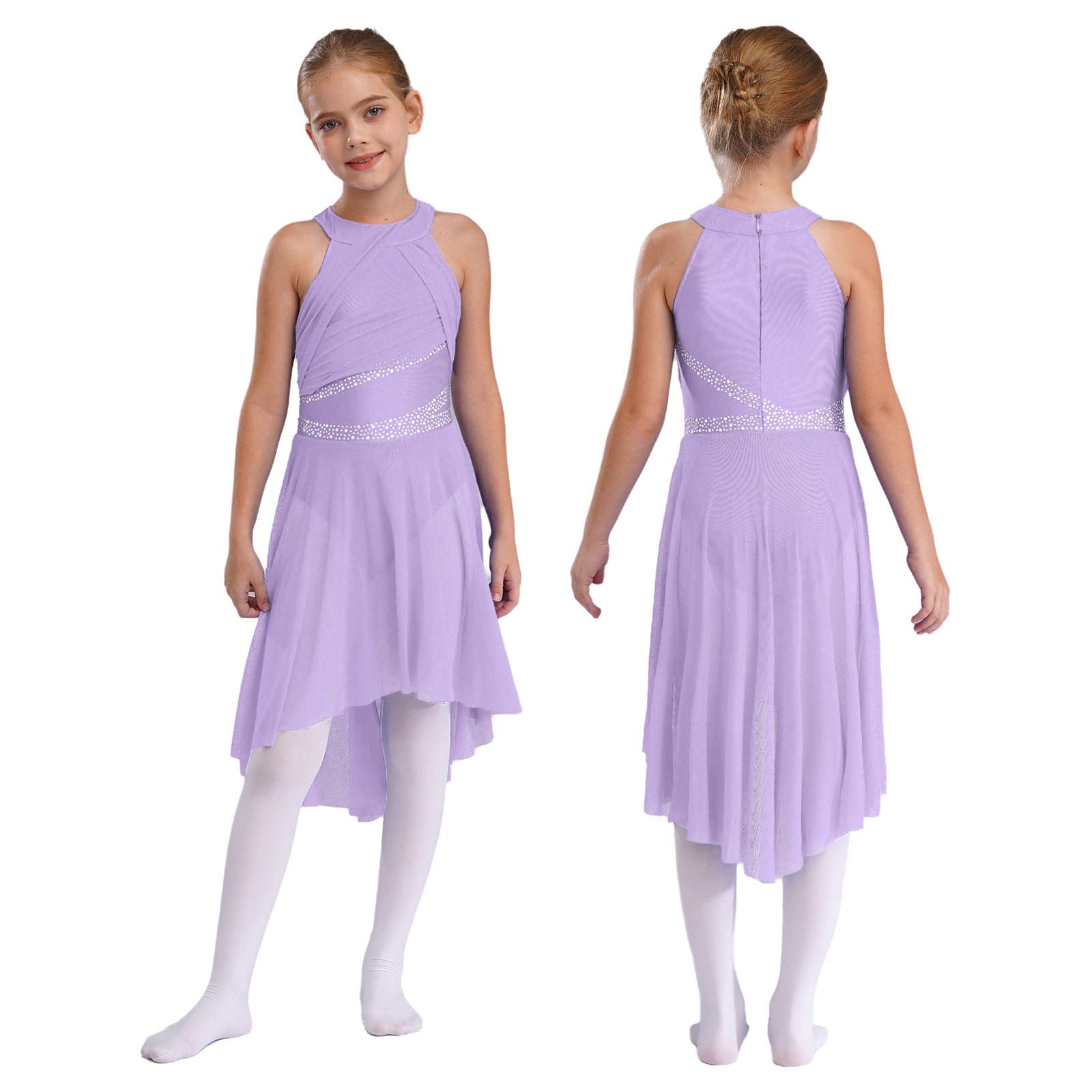 YONGHS Meisjes mouwloos glanzend lyrisch ballet turnpakje met strass steentjes, eigentijds modern Latijns danskostuum 9-10 Years lavendel