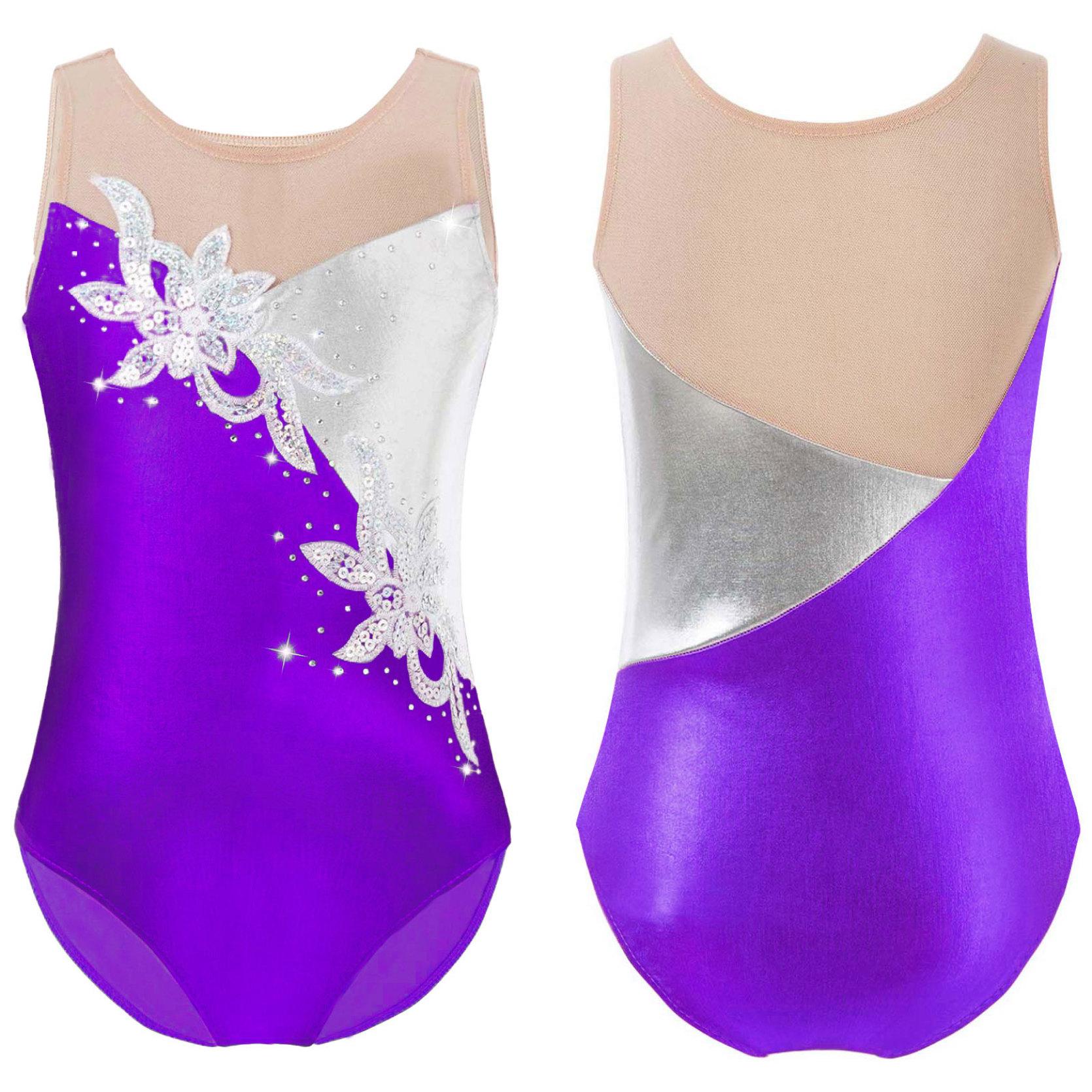 IEFiEL Kinderen Meisjes Ronde Hals Mouwloze Mesh Patchwork Dans Turnpakje Jumpsuit voor Ballet Dans Training Kleding 14-16 Years paars