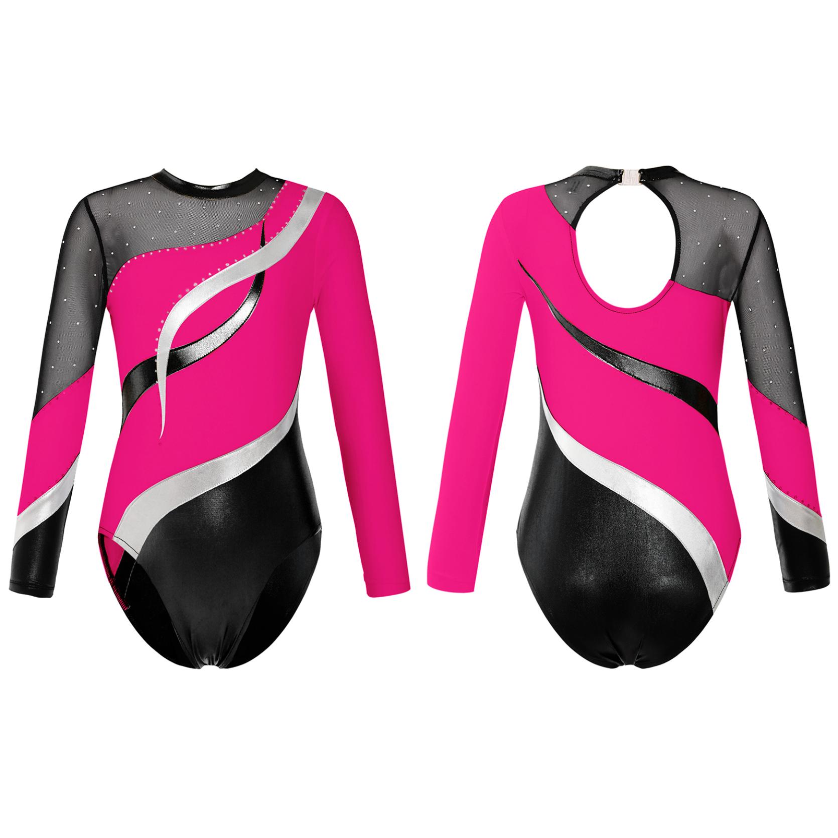 IEFiEL Kinderen meisjes lange mouw holle rug glanzende strass decor dans maillots voor gymnastiek trainingskleding 11-12 Years