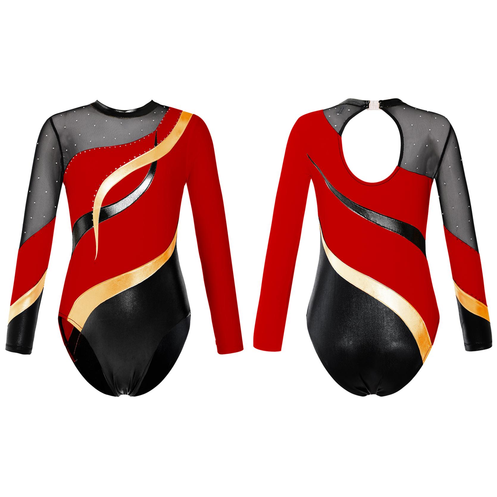 IEFiEL Kinderen meisjes lange mouw holle rug glanzende strass decor dans maillots voor gymnastiek trainingskleding 11-12 Years rood