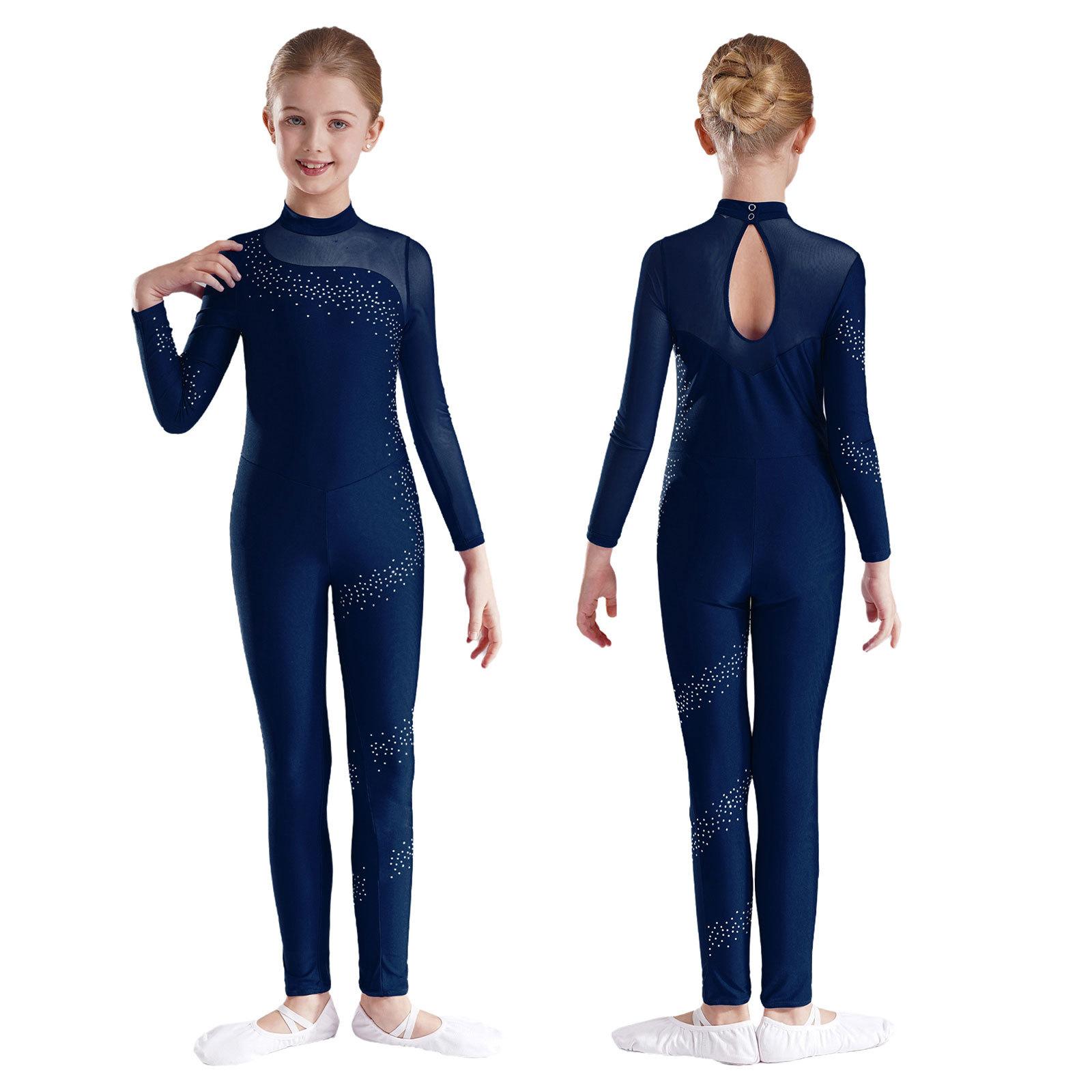 IEFiEL Kinderen Meisjes Strass Lange Mouwen Full Body Jumpsuit Romper Leotard Unitard voor Ballet Dans Gymnastiek 11-12 Years marineblauwe kleur