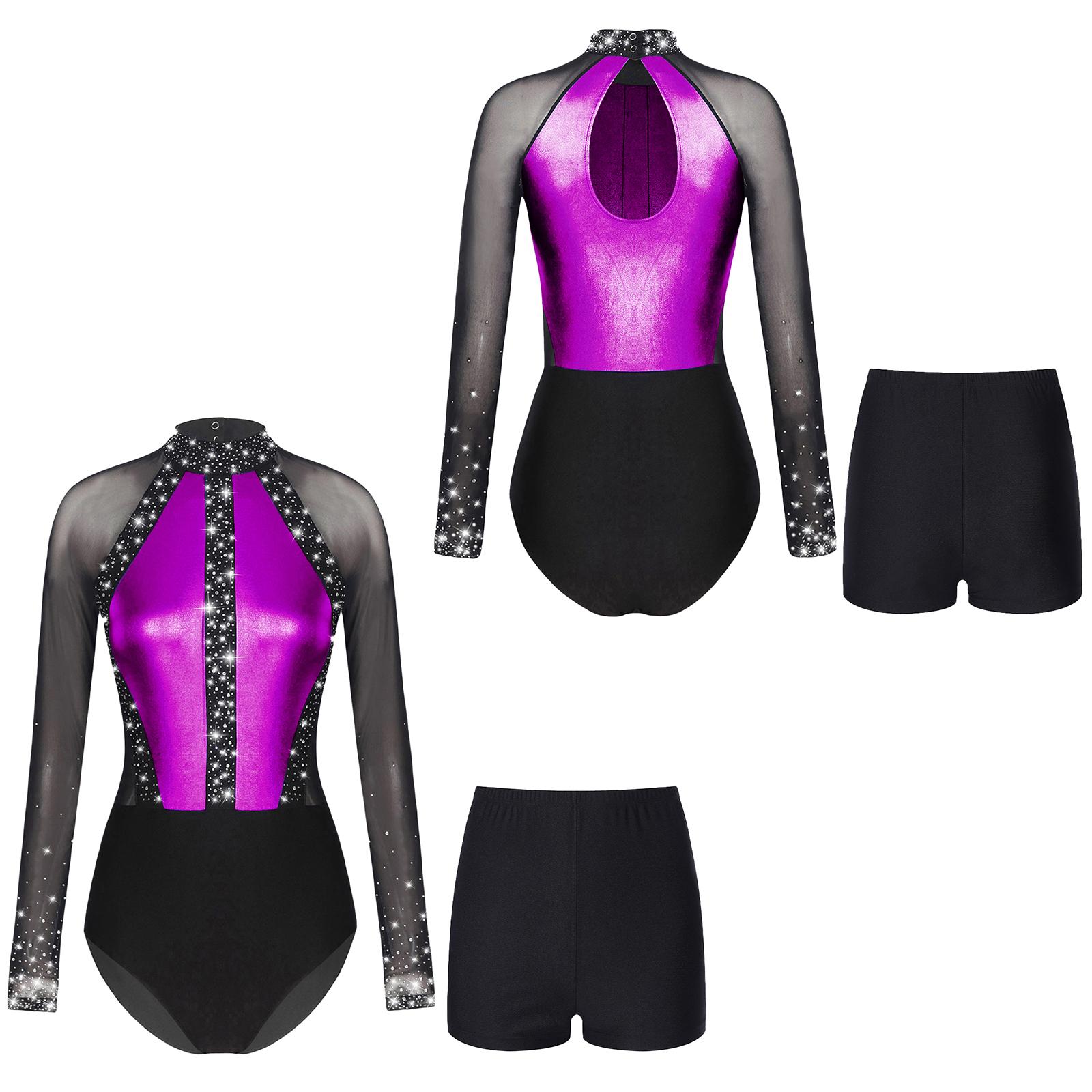 IEFiEL 2 Dames mesh lange mouwen gymnastiek bodysuit met strass steentjes ballet dans turnpakje kleurblok schaats jumpsuit shorts danskleding sets M paars