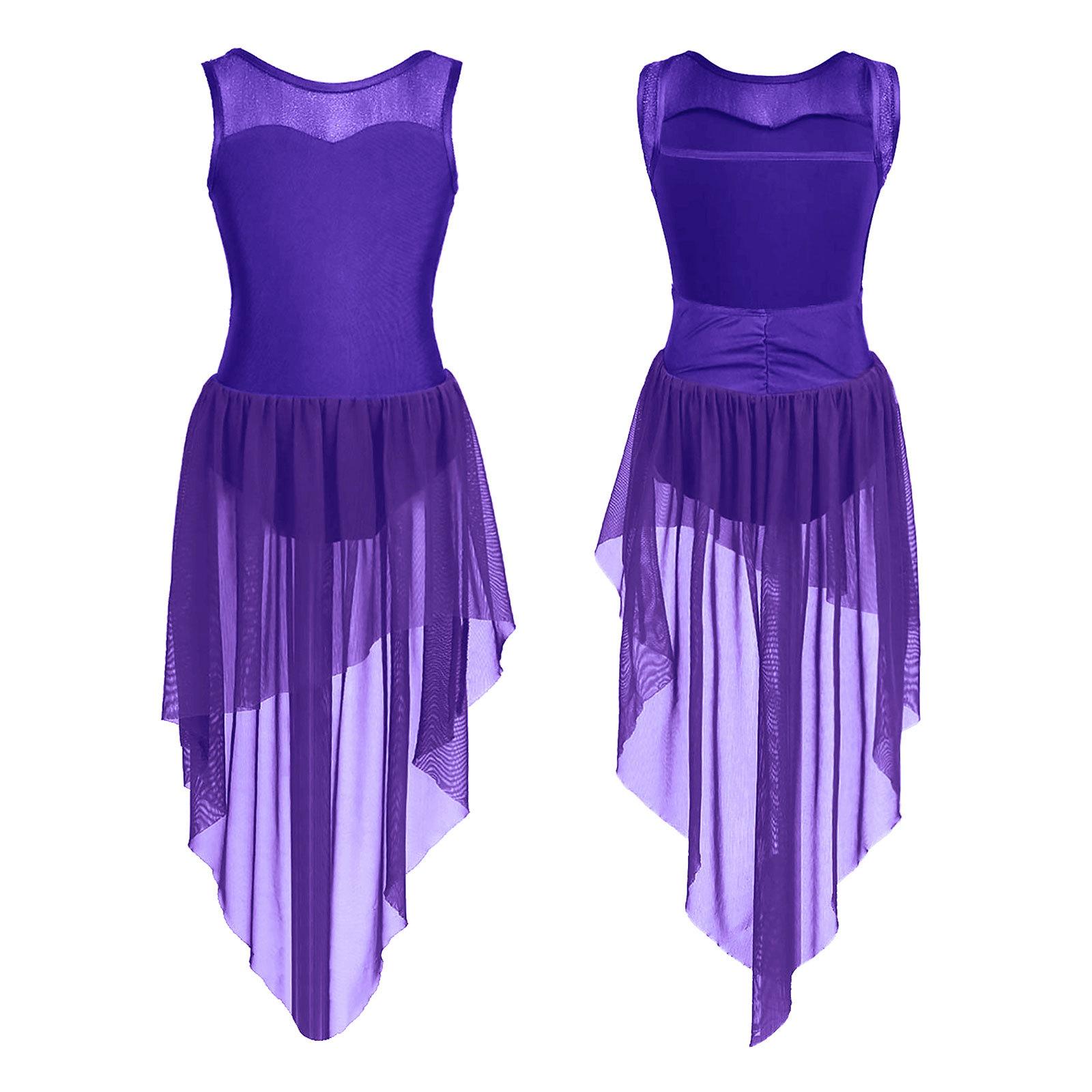 IEFiEL Kinderen Meisjes Mouwloos Splice Open Rug Hoog-laag Zoom Ballet Dans Gymnastiek Leotard Jurk 5-6 Years paars