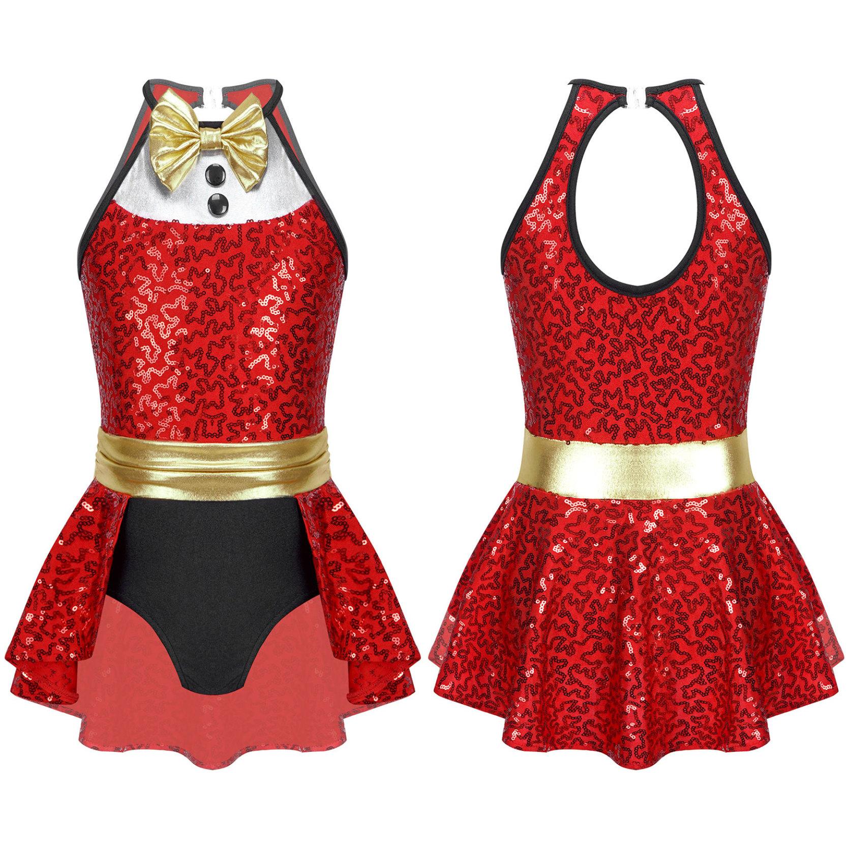 IEFiEL Kinderen Kerst Jumpsuit Verkleden Strik Sequin Gymnastiek Turnpakje Ballet Tutu Rokken Toneelkostuums 15-16 Years rood