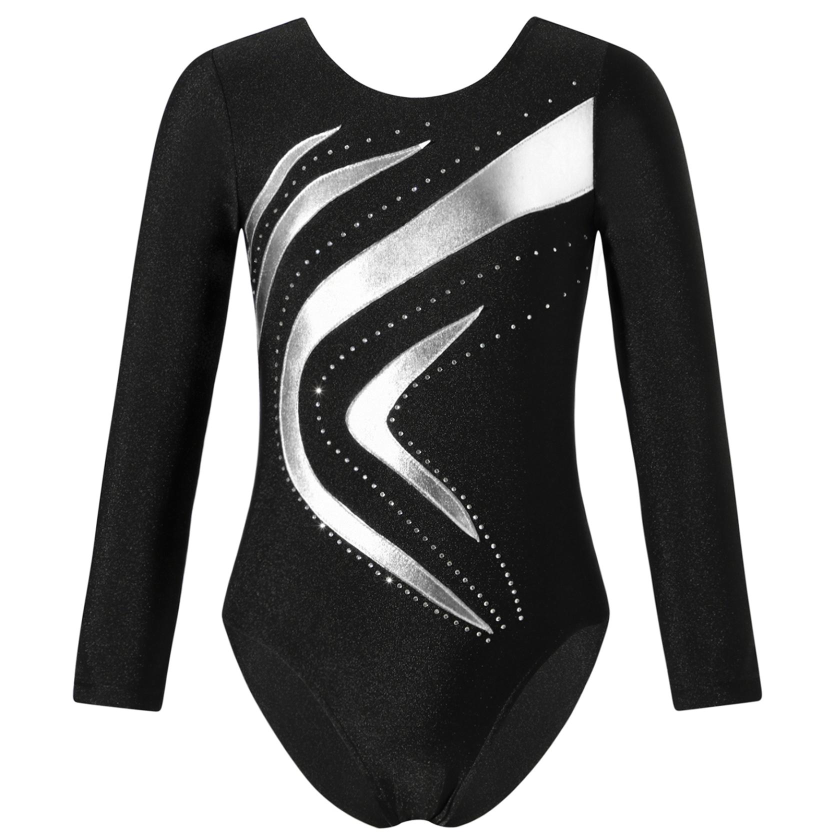 IEFiEL Kinderen meisjes glanzend strass decor gymnastiek turnpakje ronde hals lange mouw fitness dans bodysuit outfit 9-10 Years zilver
