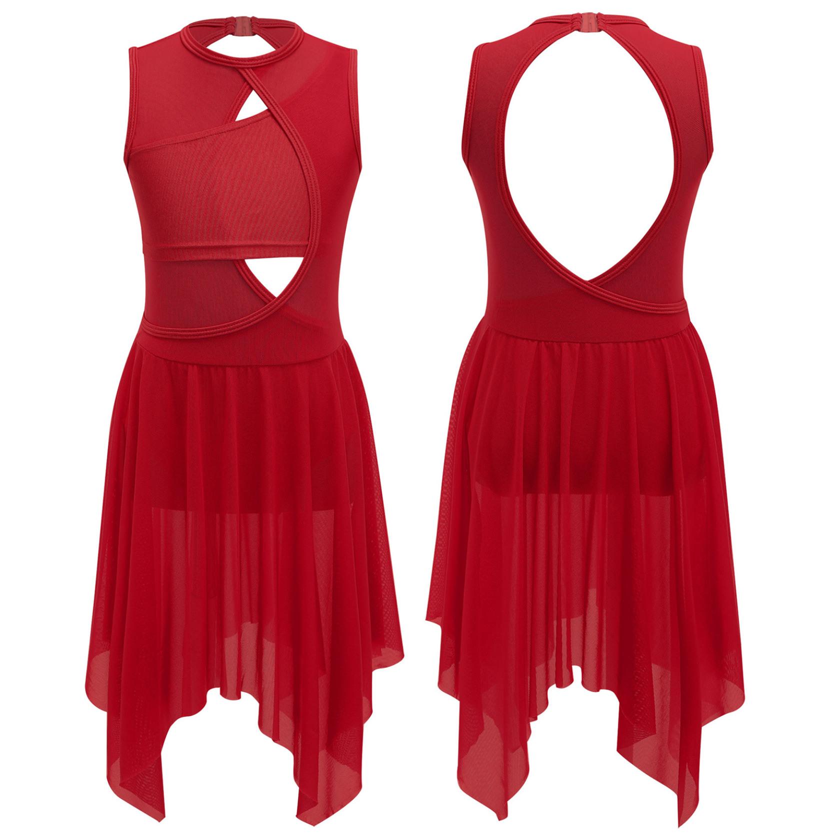 IEFiEL Kinderen meisjes mouwloze kriskras holle spandex mesh patchwork rugloze dansjurk lyrisch latin danskostuum 9-10 Years rood