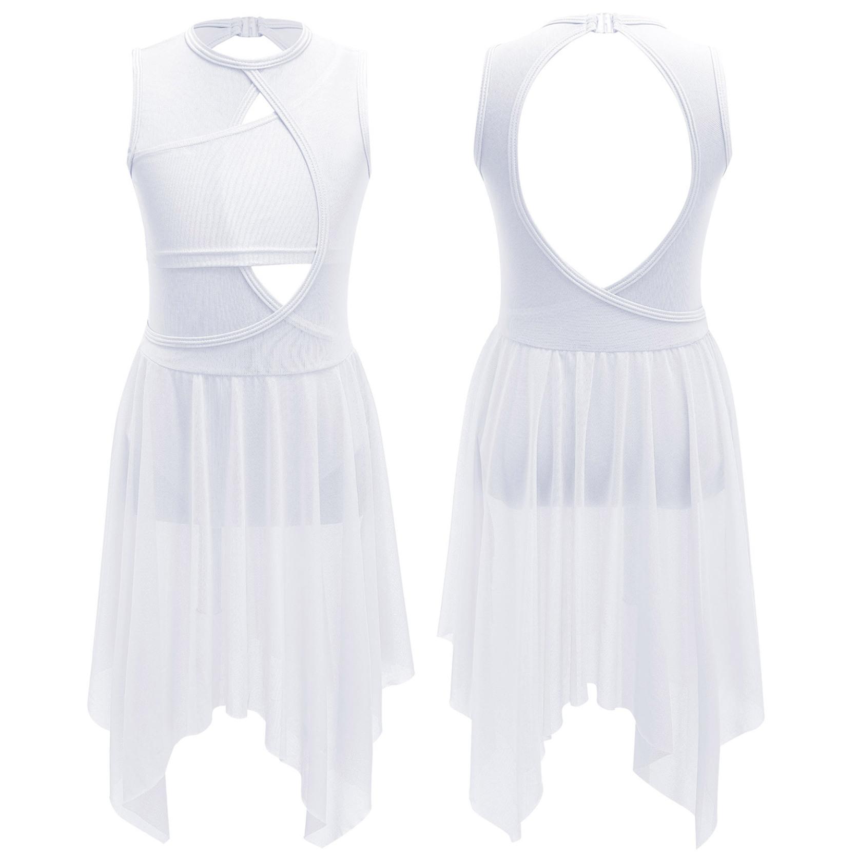 IEFiEL Kinderen meisjes mouwloze kriskras holle spandex mesh patchwork rugloze dansjurk lyrisch latin danskostuum 7-8 Years wit