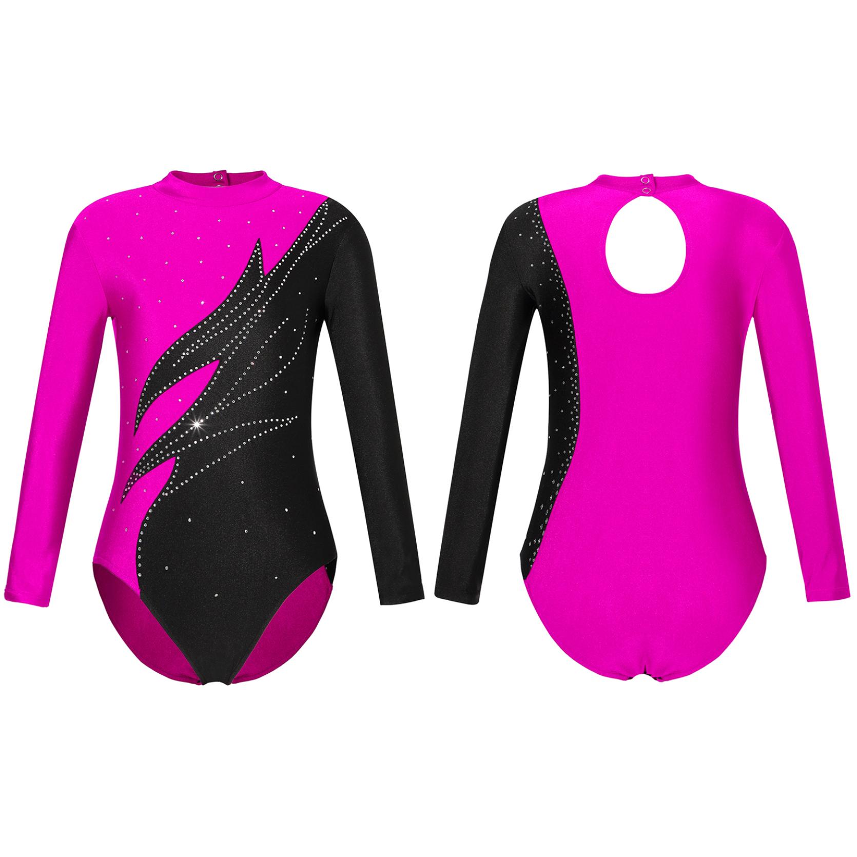IEFiEL 2 Gymnastiekpakje met lange mouwen voor meisjes Glanzende kralen Vlam atletische dansbodysuit 7-8 Years warm roze kleur