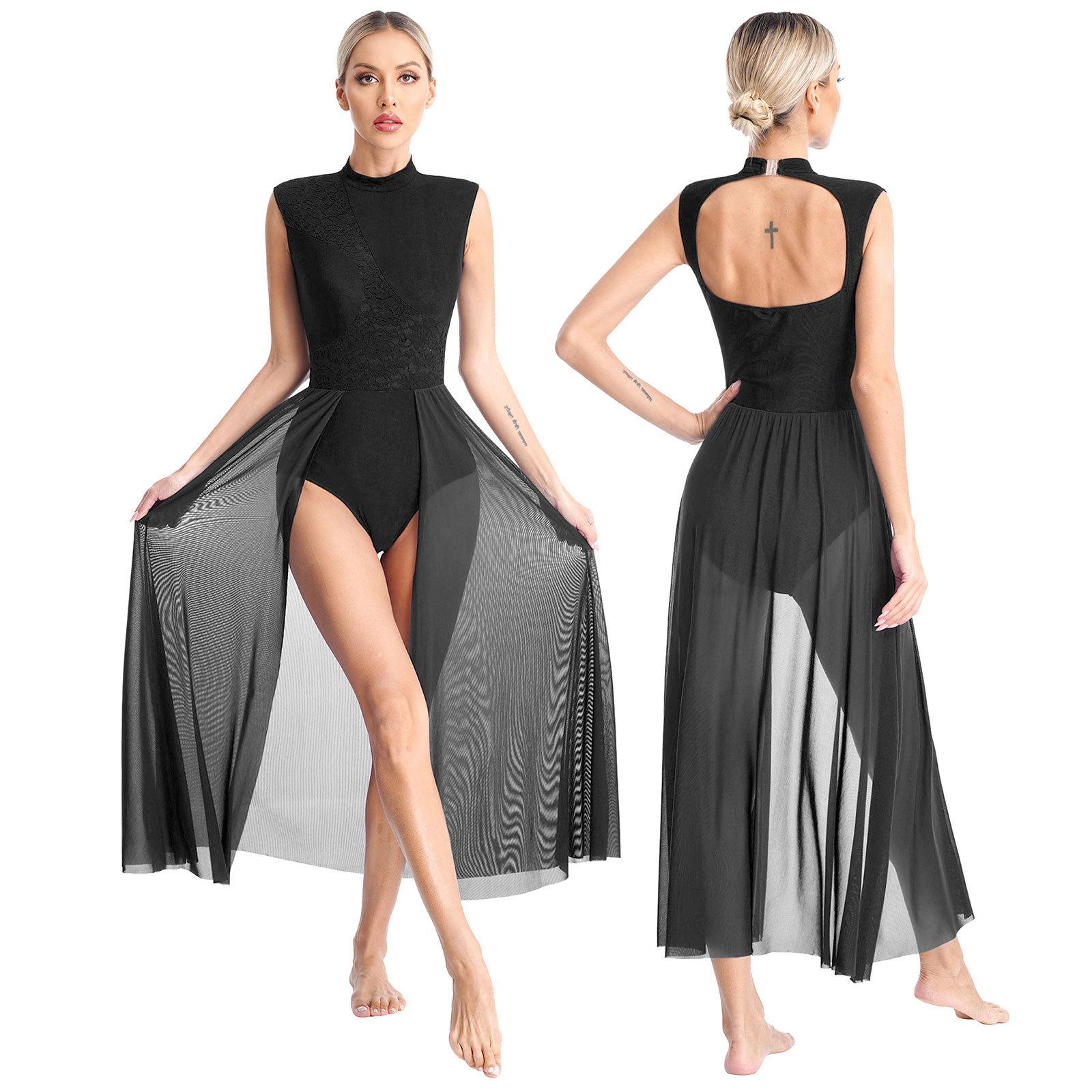YONGHS Womens hedendaagse lyrische dansjurk ballet gymnastiek turnpakje mouwloos chiffon flowy jurk podiumprestaties danskleding S