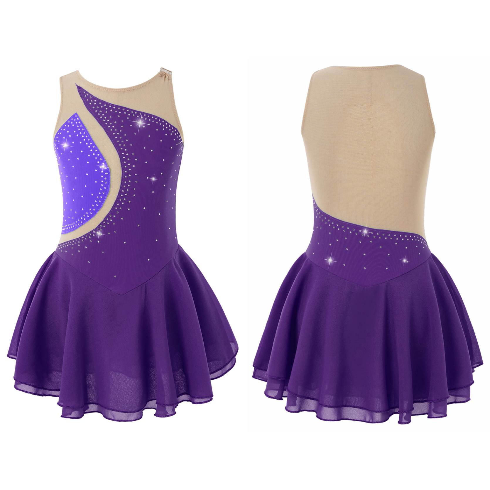 IEFiEL Ballet Dans Jurk Kind Meisjes Strass Mesh Rok Gymnastiek Turnpakje Prestaties Figuur Schaatsen Jurk Danskleding 8-10 Years