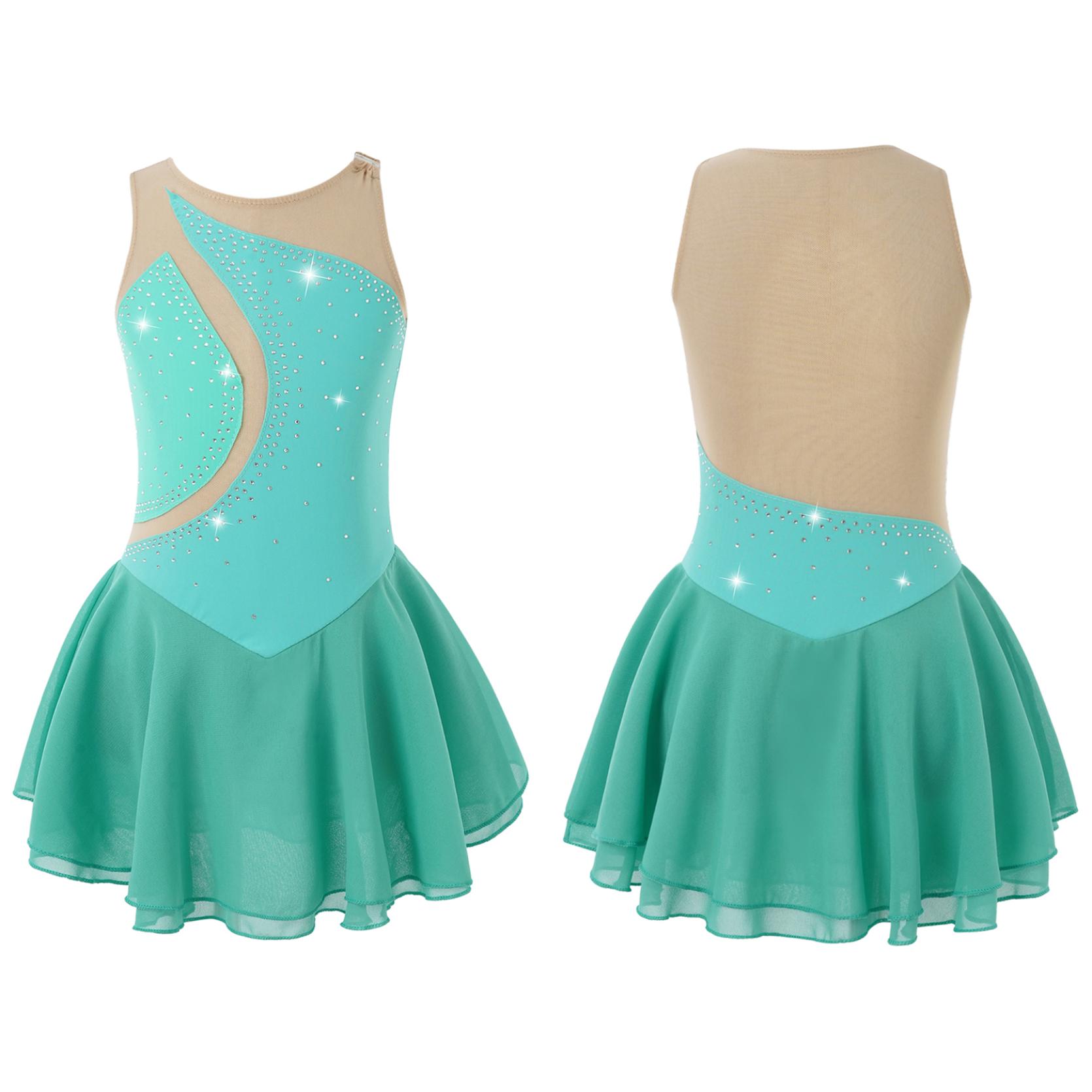 IEFiEL Ballet Dans Jurk Kind Meisjes Strass Mesh Rok Gymnastiek Turnpakje Prestaties Figuur Schaatsen Jurk Danskleding 12-14 Years
