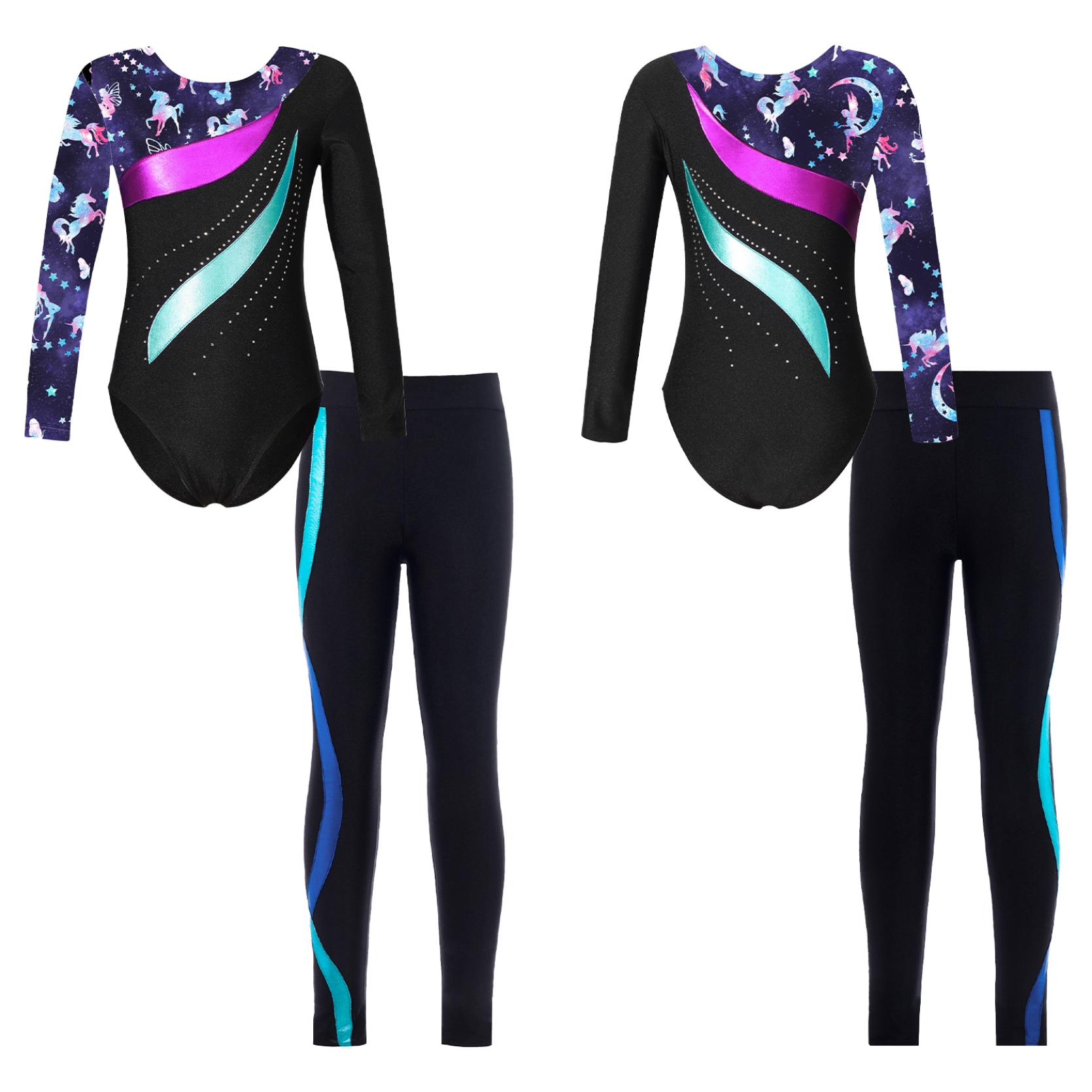 IEFiEL Kinderen Meisjes 2 Stuks Gymnastiek Dansoutfits Maillots met lange mouwen en broek Atletische Biketards Unitards 11-12 Years