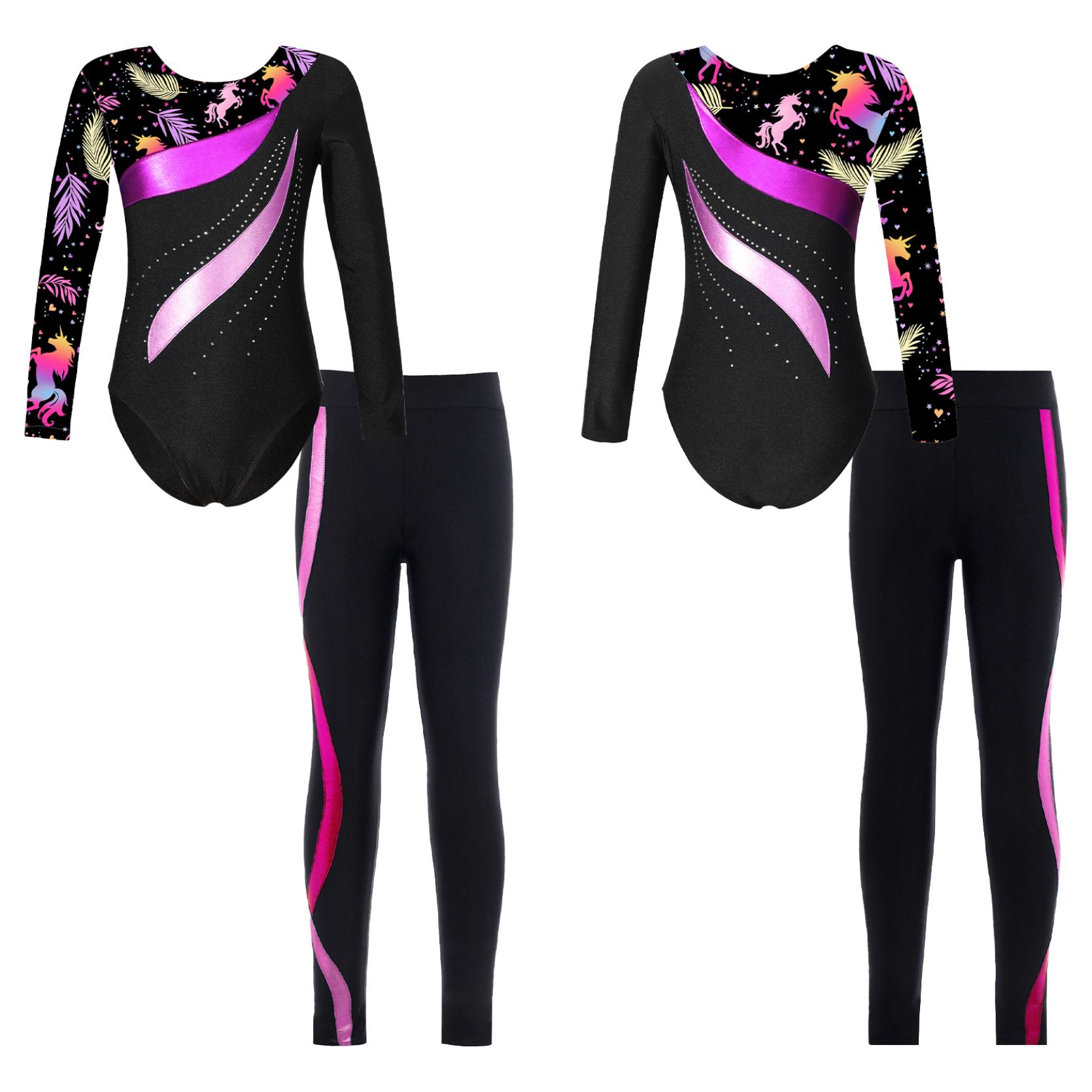 IEFiEL Kinderen Meisjes 2 Stuks Gymnastiek Dansoutfits Maillots met lange mouwen en broek Atletische Biketards Unitards 7-8 Years