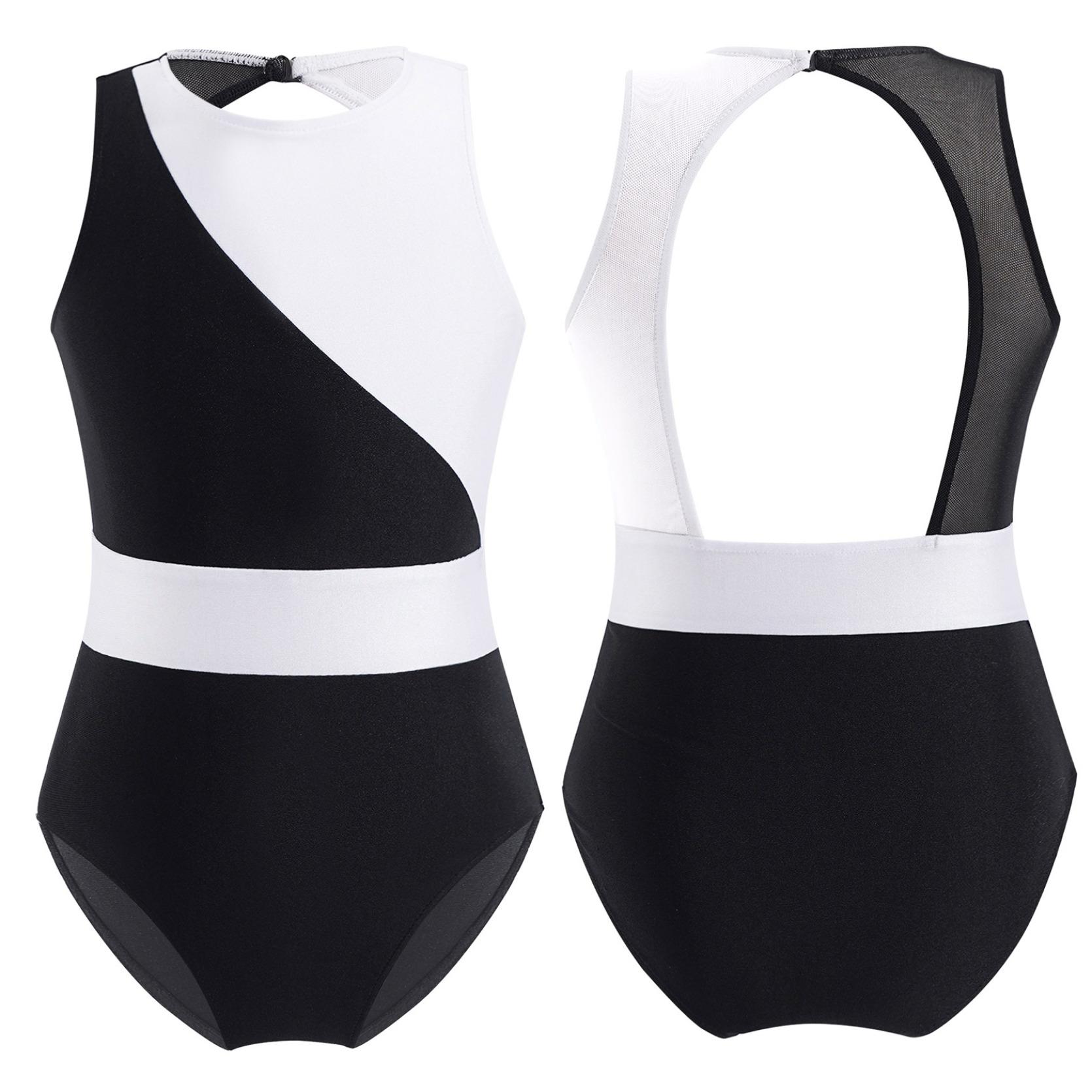 IEFiEL Kindermeisjes Mouwloos Ronde Hals Mesh Patchwork Holle Rug Contrasterende Kleur Dans Gymnastiek Maillots 14-16 Years zwart/wit