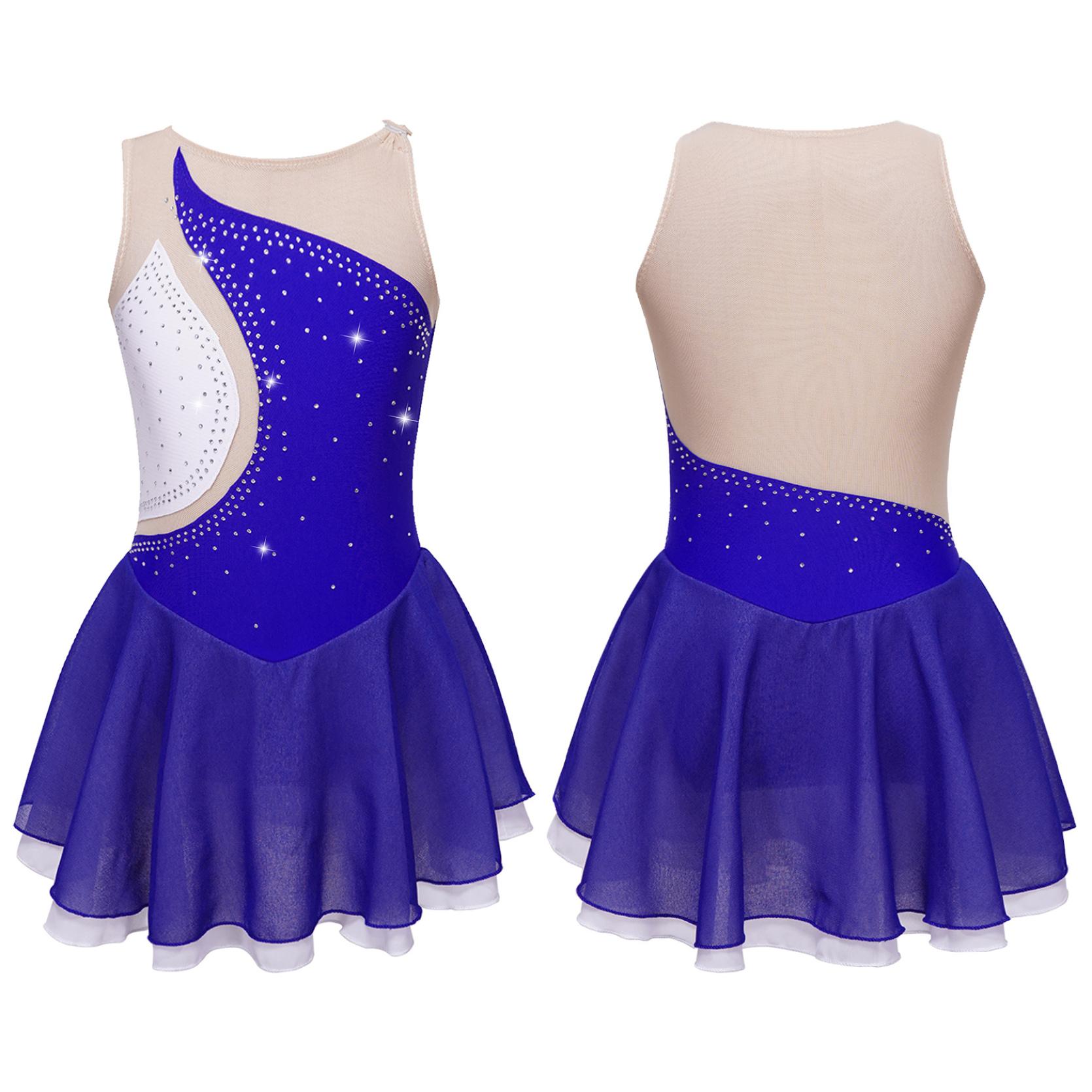IEFiEL Ballet Dans Jurk Kind Meisjes Strass Mesh Rok Gymnastiek Turnpakje Prestaties Figuur Schaatsen Jurk Danskleding 8-10 Years