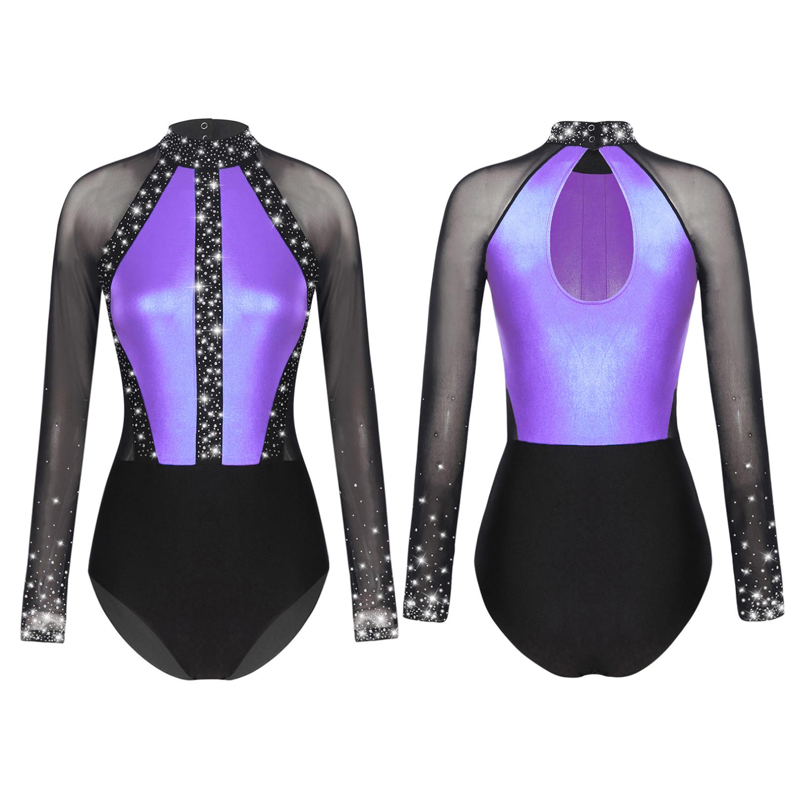 Tiaobug Dames strass ballet gymnastiek dans turnpakje bodysuit kunstschaatsen danskostuum met lange mouwen L