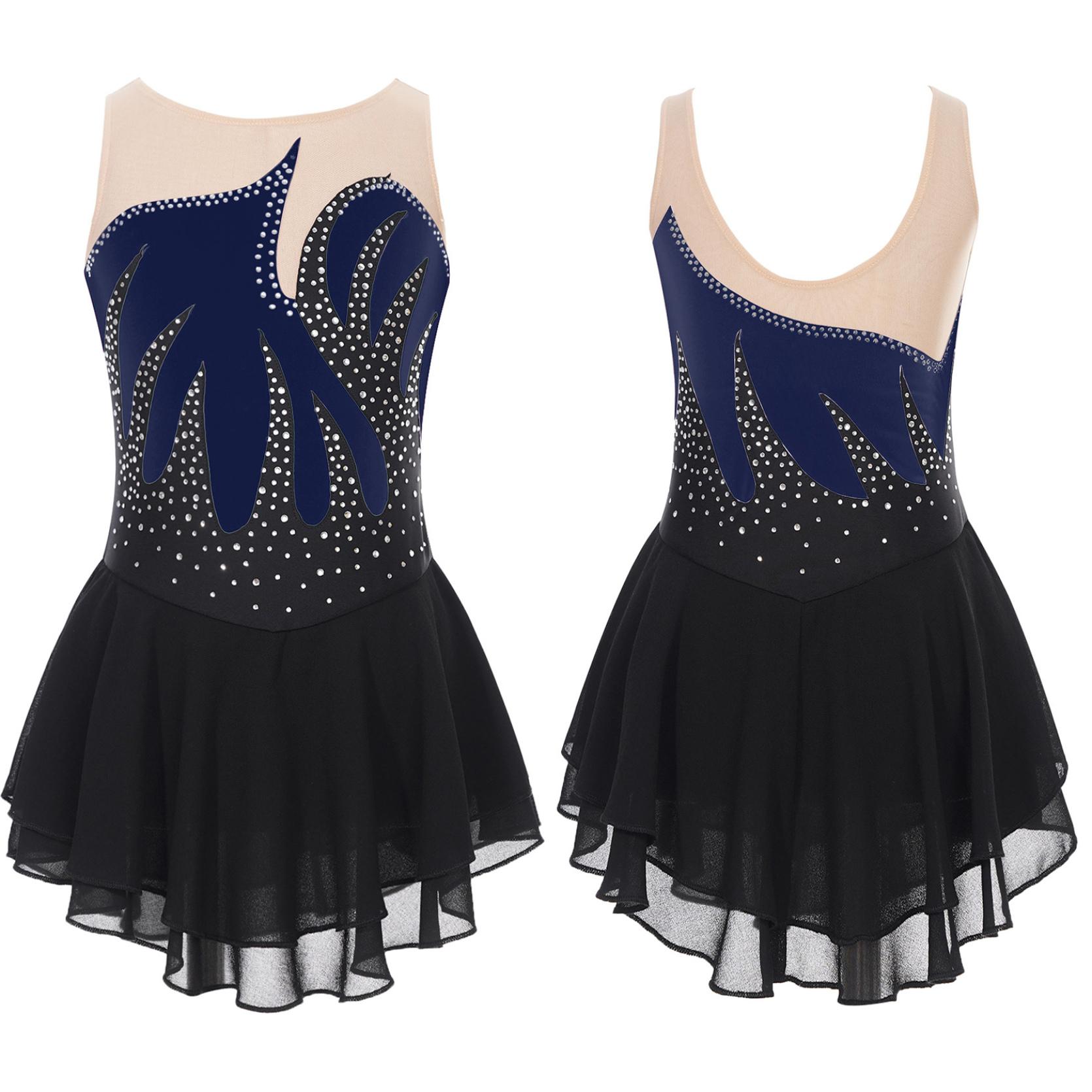 IEFiEL Meisjes Kunstschaatsen Prestatiekostuum Lyrische Dans Ballet Ritmische Gymnastiek Turnpakje Jurk Glanzende Strass Mesh Danskleding 7-8 Years