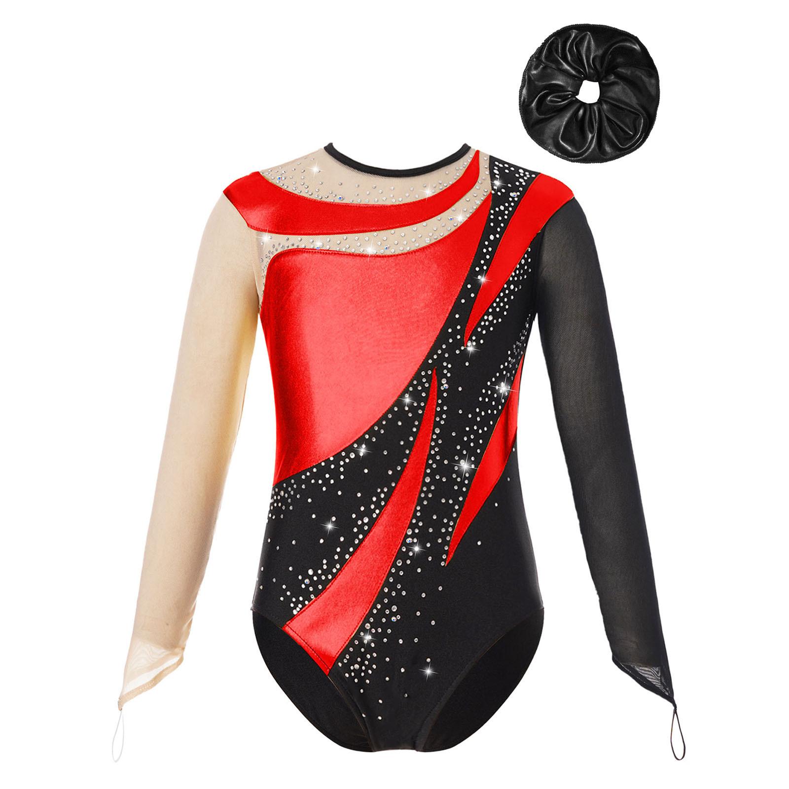 Sxiwei Kinderen Meisjes Gymnastiek Prestatie Outfit Mesh Lange Mouw Keyhole Terug Turnpakje Patchwork Body met Haarband 9-10 Years