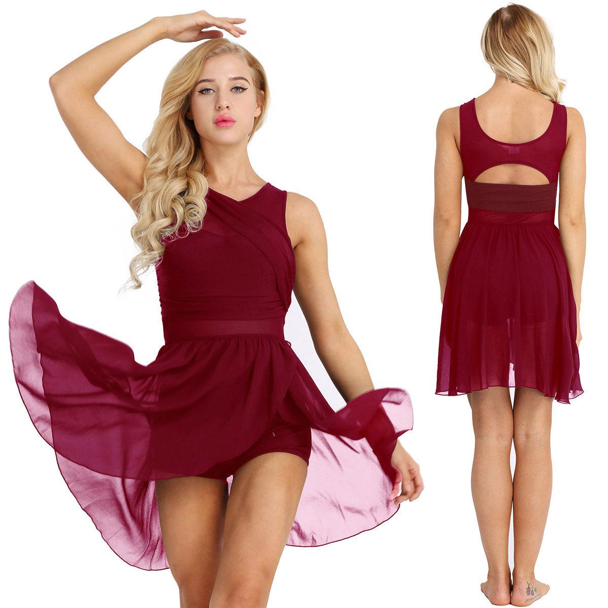 Sywiyi Vrouwen Mouwloos Asymmetrisch Chiffon Lyrische Danskostuums Rekbaar Ballet Tutu Gymnastiek Leotard Dansjurk 3XL wijnrode kleur