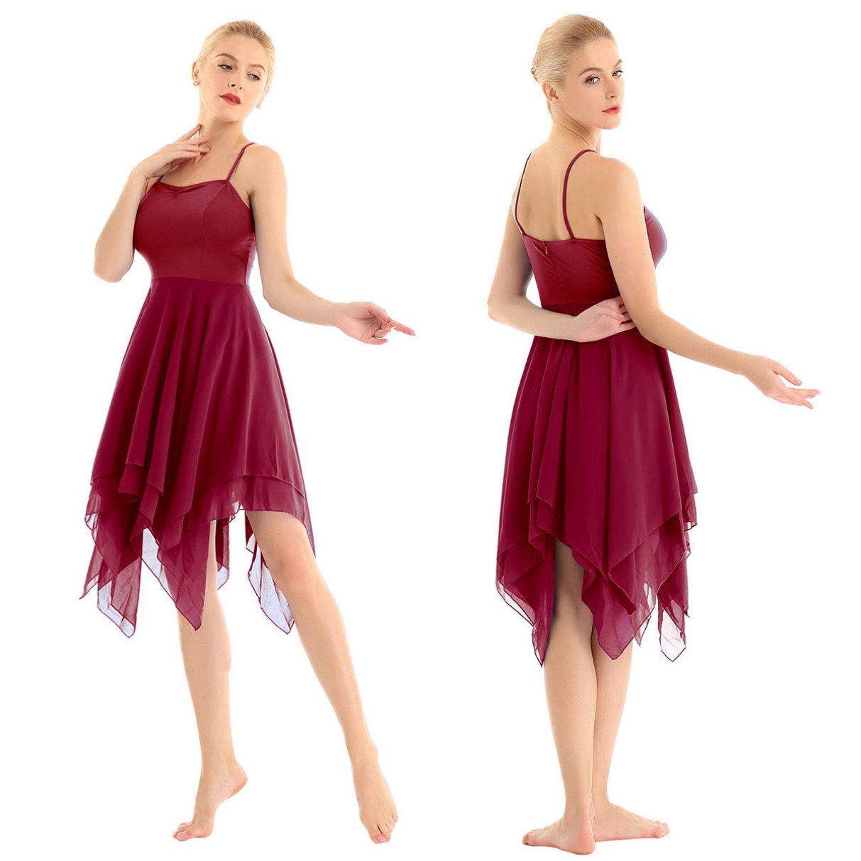 YOOJIA Vrouwen Volwassen Chiffon Overlay Ballet Hedendaagse Moderne Dans Jurk Lyrische Leotard Kostuum Danskleding S wijnrode kleur