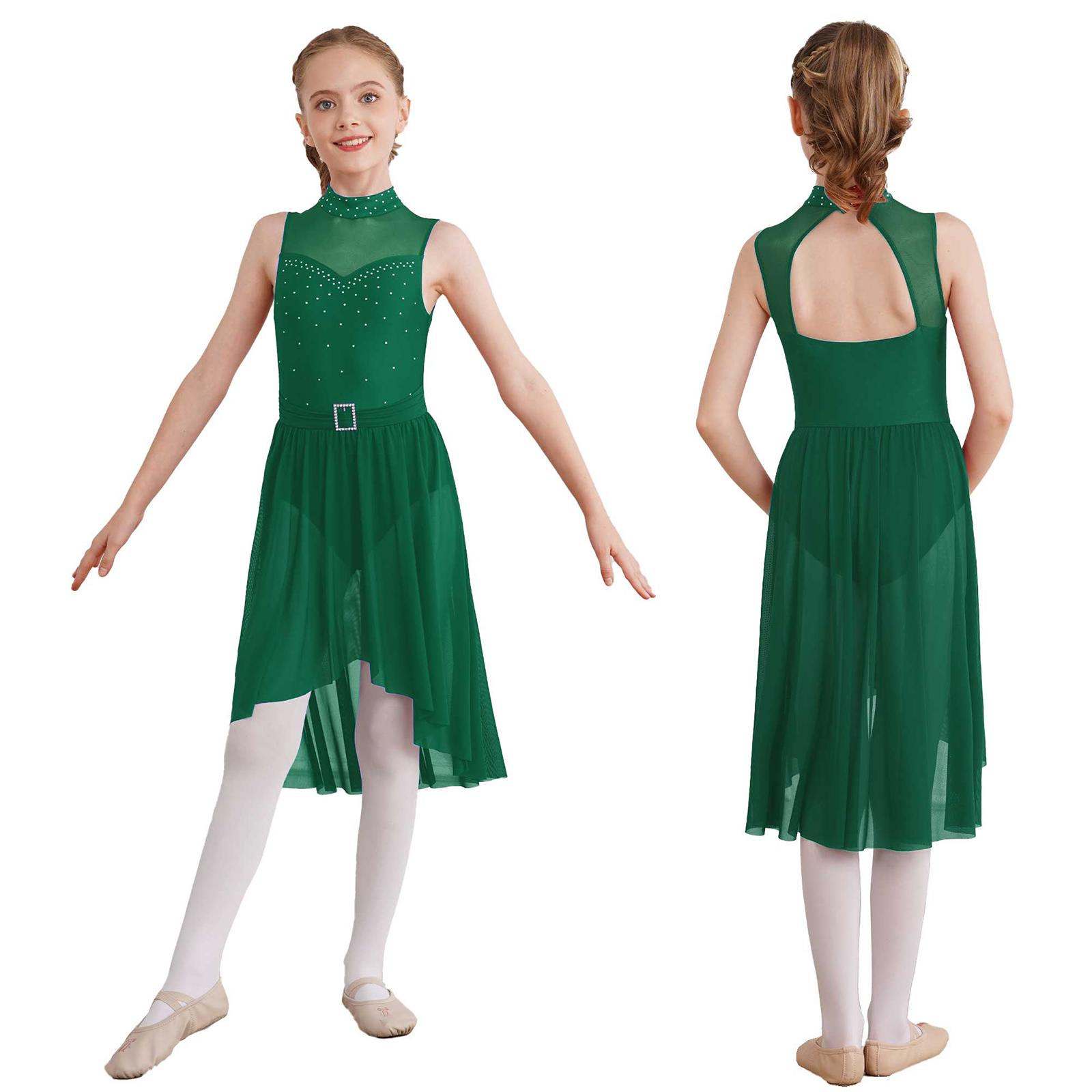 Tiaobug Kinderen Meisjes Mouwloze Strass Nep Hals Kunstschaats Jurk Leotard Ballet Lyrische Dans Kostuum 11-12 Years groen