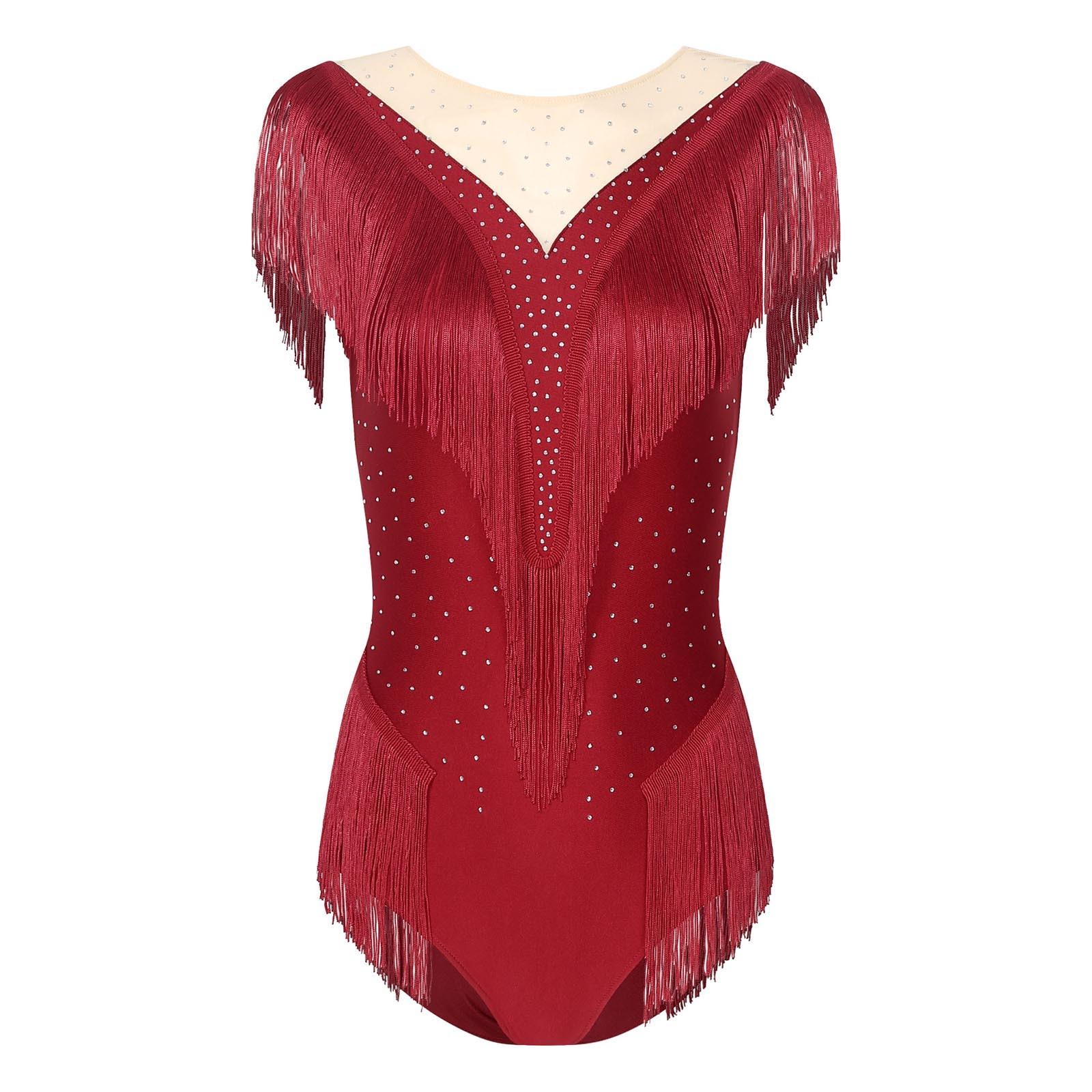 Yunduantong-electronic Vrouwen Tango Latijns Dans Prestatie Kostuum Glanzende Strass Franjes Gymnastiek Leotard Kunstschaatsen Unitards Danskleding S