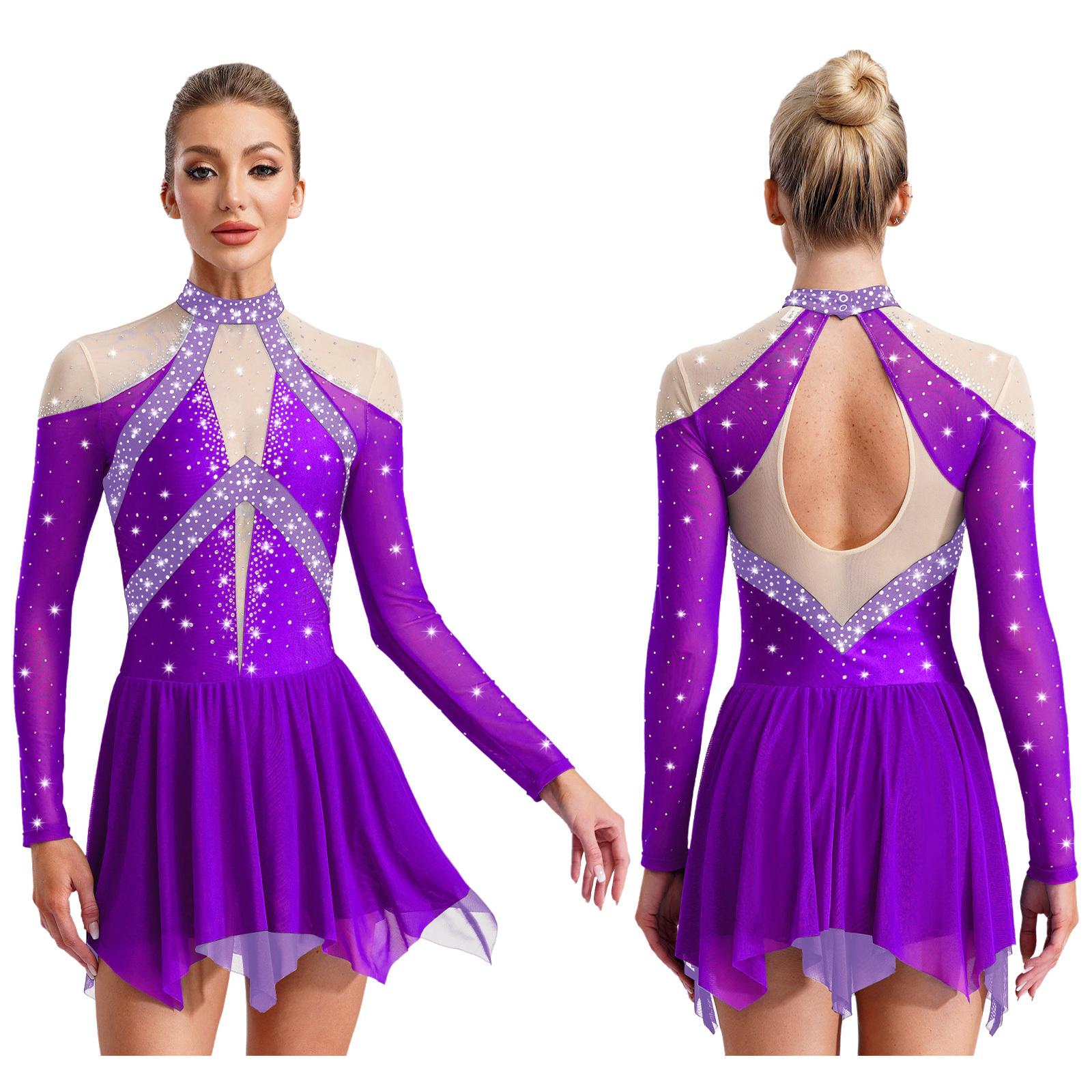 YONGHS Kunstschaatsen voor dames, kostuum met doorschijnende mesh en strass steentjes, leotardjurk voor moderne lyrische dans, gymnastiek en acrobatiek L