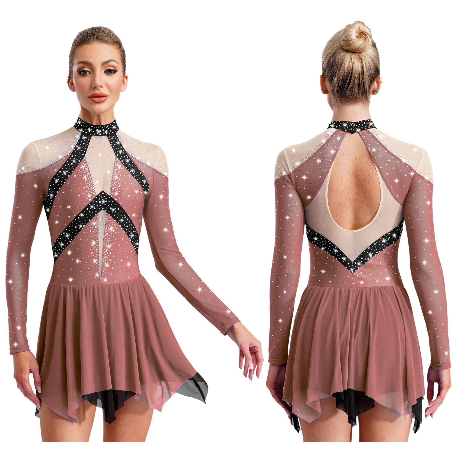 YONGHS Kunstschaatsen voor dames, kostuum met doorschijnende mesh en strass steentjes, leotardjurk voor moderne lyrische dans, gymnastiek en acrobatiek L
