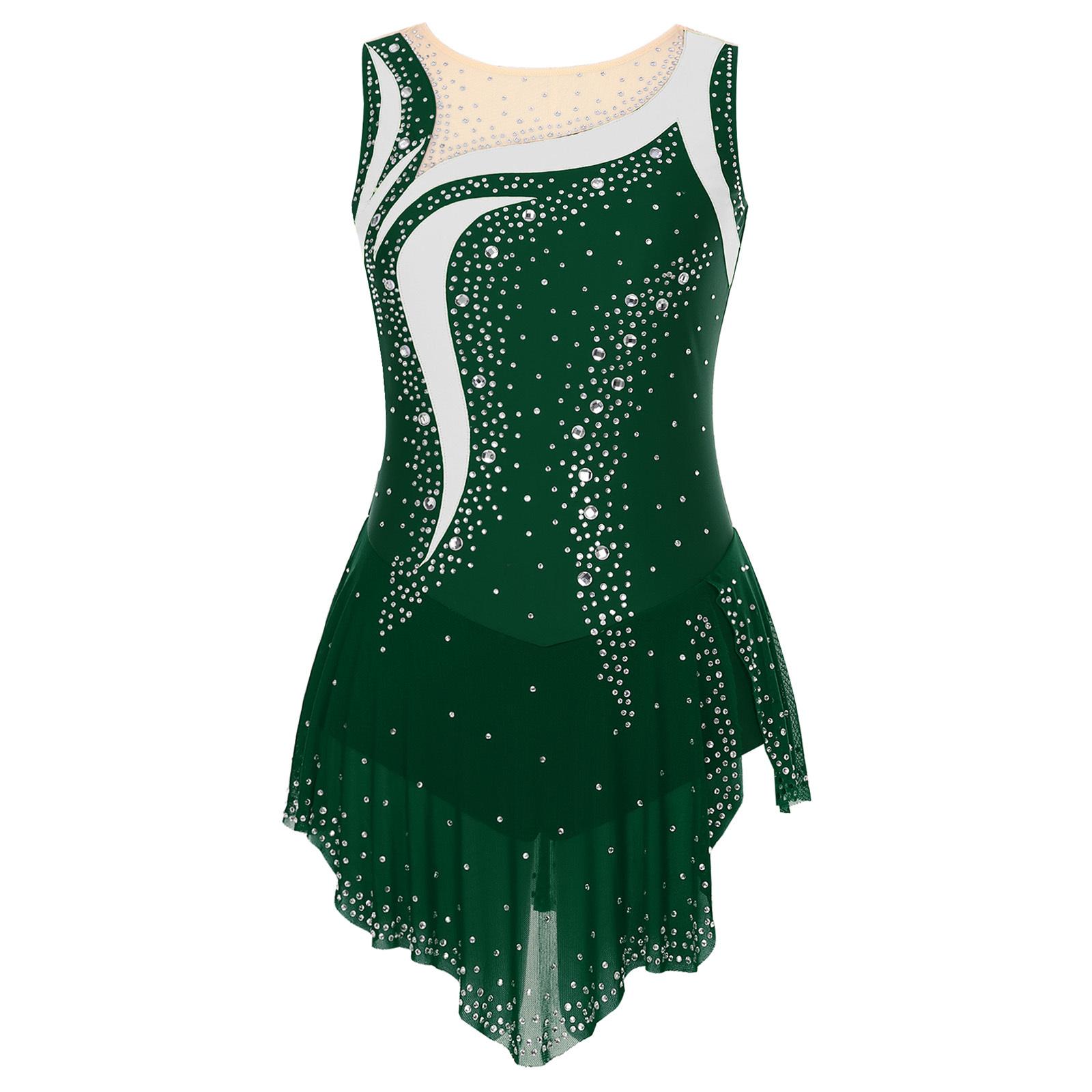 Inlzdz Dames Glanzende Strass Ritmische Dans Gymnastiek Leotard Mouwloos Rolschaatsen Danskostuum Ballet Lyrische Bodysuit Jurk S
