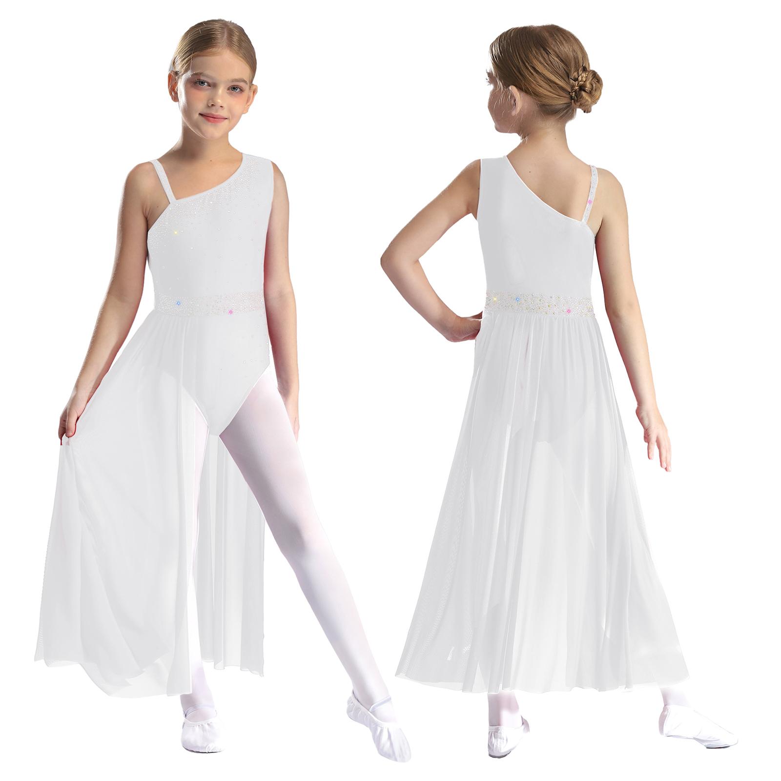 RUNQHUI Kinderen Meisjes Ballet Lyrische Dans Jurk Gymnastiek Leotard met Rok Transparante Mesh Kunstschaatsen Moderne Hedendaagse Dans Kostuum 9-10 Years wit