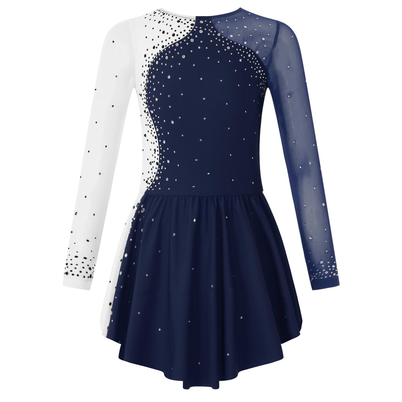 YOOJIA Meisjes Figuur Schaatsen Jurk Ballet Dans Gymnastiek Turnpakje Tutu Lange Mouw Glanzende Strass Sheer Mesh Jurken Danskleding 15-16 Years marineblauwe kleur
