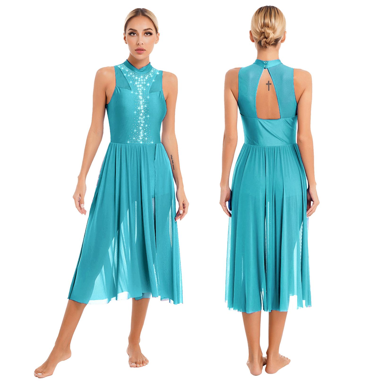 HULIJA Vrouwen Lyrical Dance Dress Sparkly Rhinestone Mouwloos Mesh Leotard Jurken Hedendaagse Dansvoorstelling Kostuum L