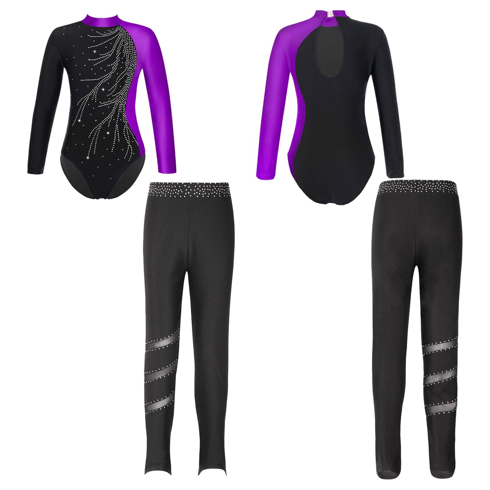 Aislor Kinderen Meisjes 2 Stuks Gymnastiek Dansoutfits Maillots met lange mouwen en legging Atletische Biketards Unitards 9-10 Years zwart/paars