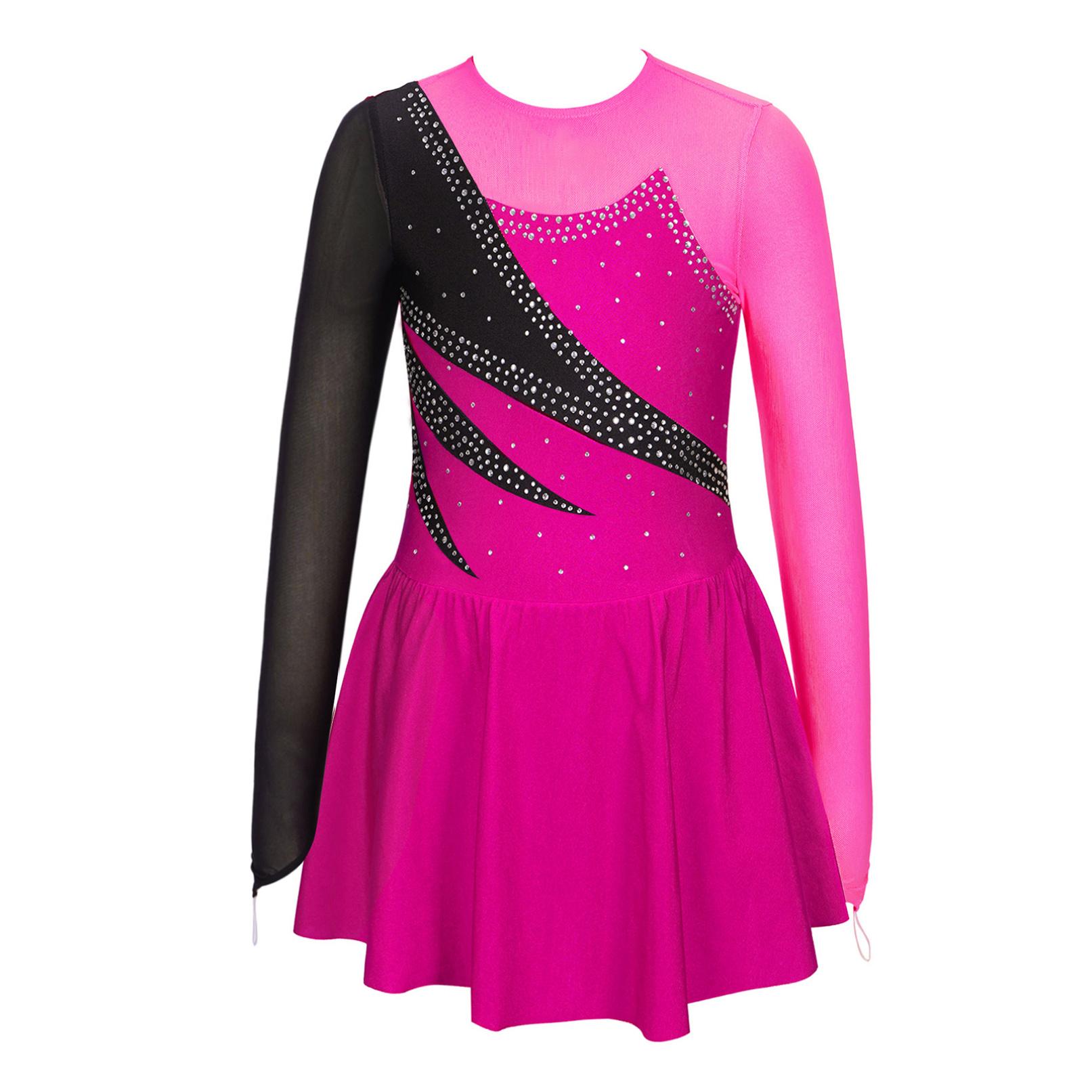 Yeahdor Kinderen Meisjes Ballet Figuur Schaatsen Dans Jurk Ritmische Gymnastiek Turnpakje Tutu Lange Mouw Glanzende Strass Sheer Mesh Dancewear 9-10 Years lichtpaarse kleur