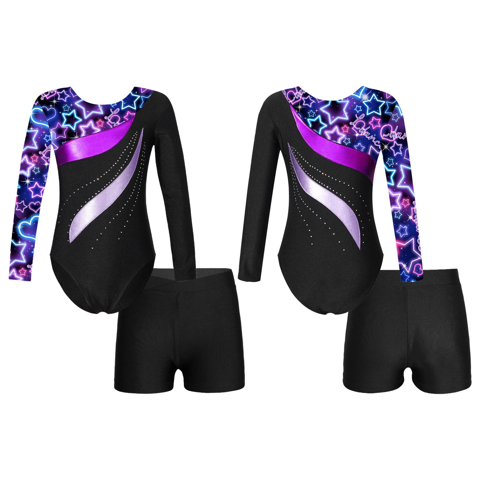 IEFiEL Kinderen meisjes lange mouw ronde hals glanzende strass decor turnpakje met shorts voor dans gymnastiektraining 9-10 Years zwart