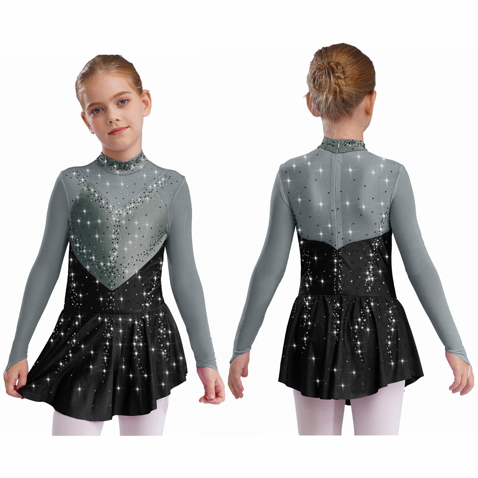 Aislor Kids Girls Figure Skating Dance Dresses Mock Neck Long Sleeve Color Block Sheer Mesh Patchwork Shiny Rhinestones Dress 11-12 Years