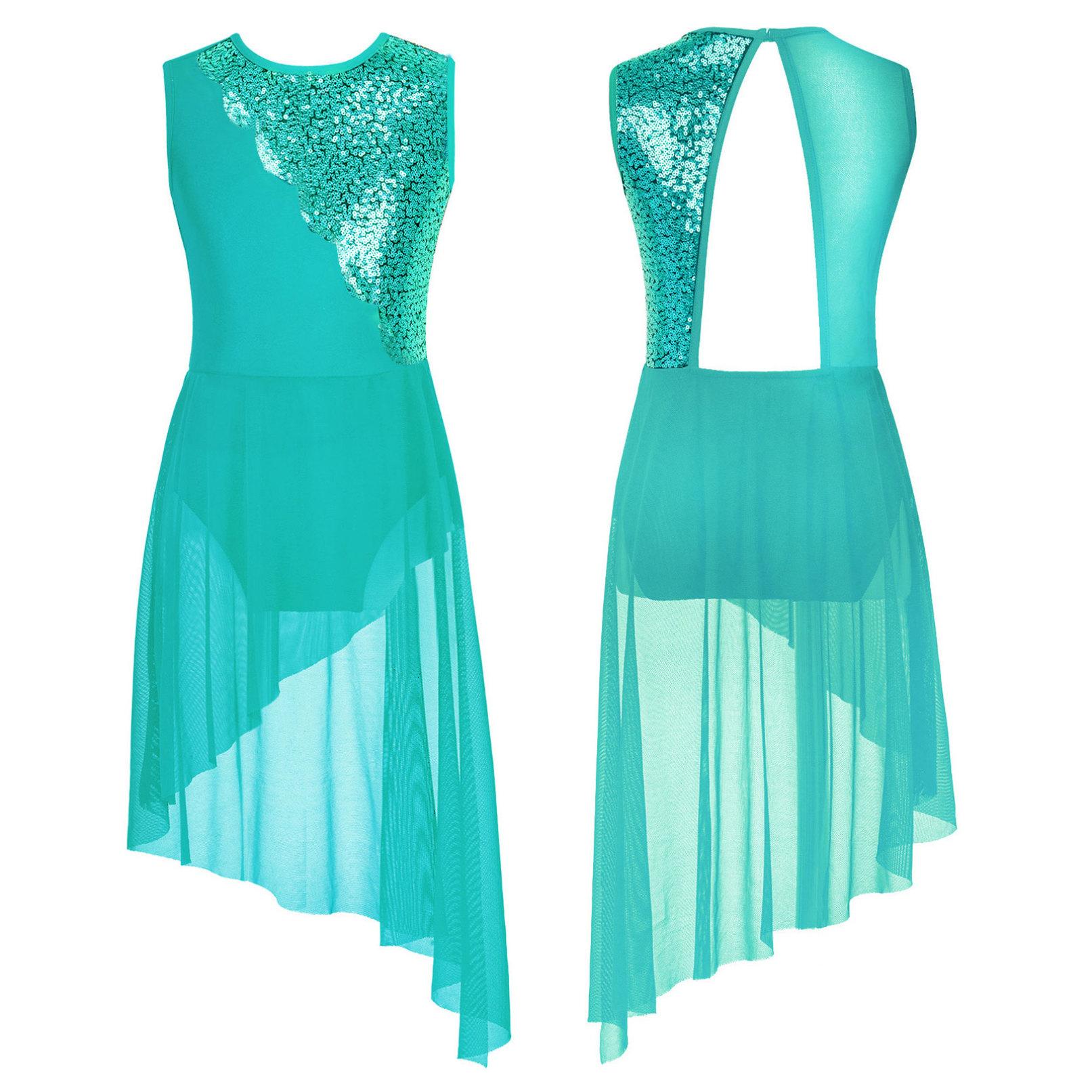 YONGHS Kinderen Meisjes Mouwloze Ronde Hals Pailletten Lyrische Dans Jurk Onregelmatige Zoom Holle Rug Gymnastiek Ballet Turnpakje Jurk 9-10 Years mintgroene kleur