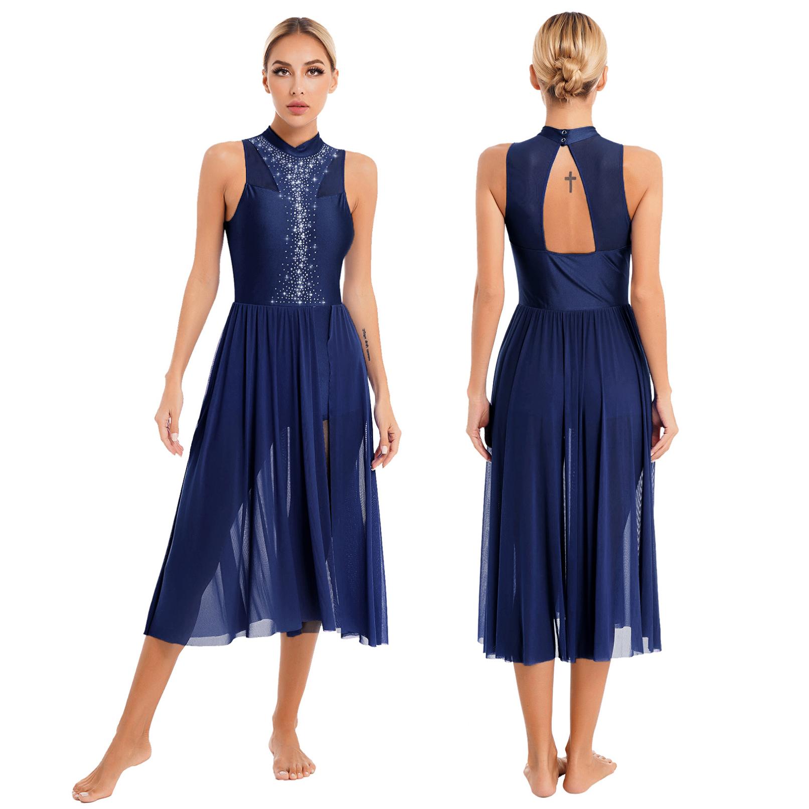 Yeahdor Dames hedendaagse lyrische dansjurk ballroom dansvoorstelling kostuum mouwloos strass ballet turnpakje jurken S marineblauwe kleur
