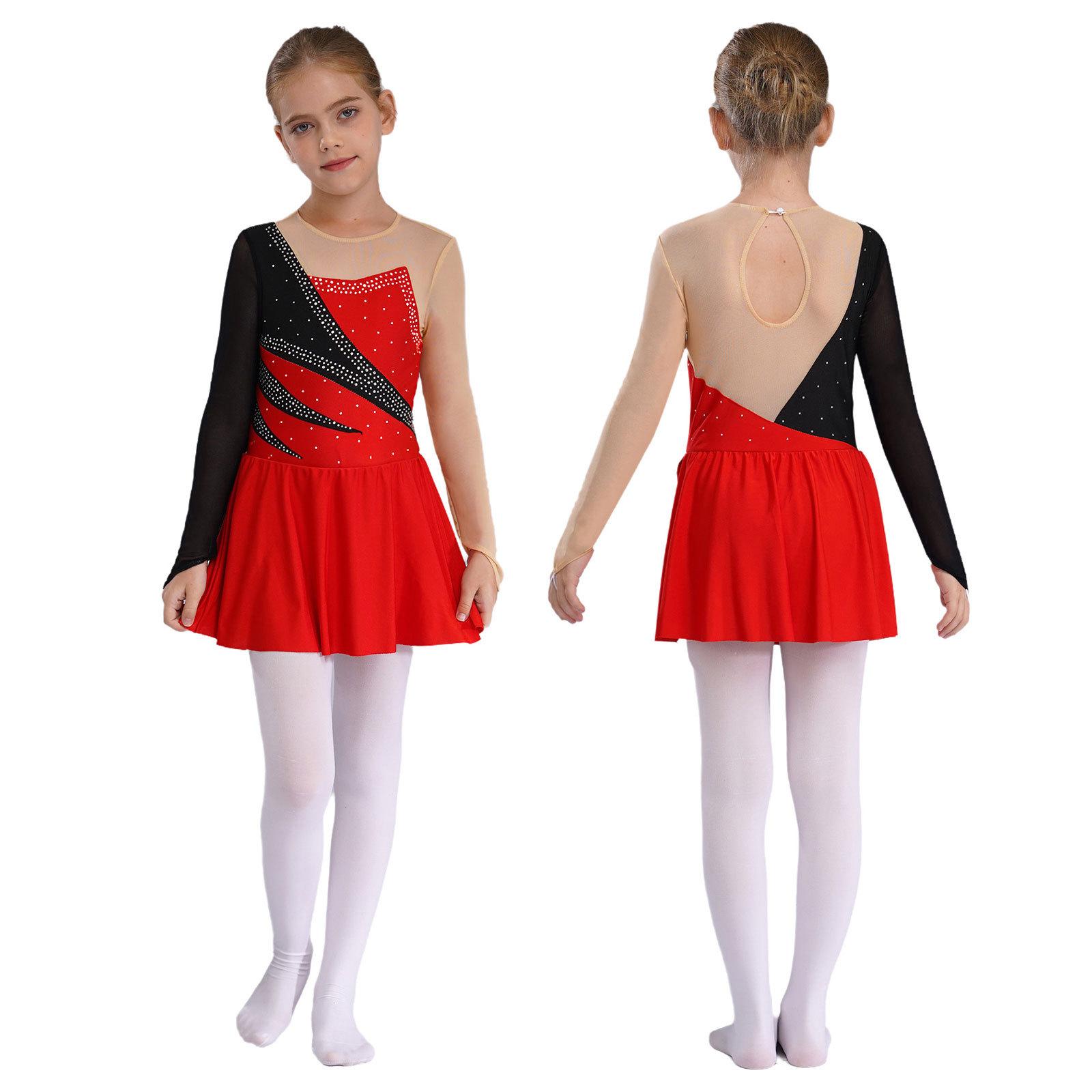 IEFiEL Figure Skating Dress Kids Girls Tutu Ballet Dress Shiny Rhinestone Gymnastics Leotard Long Sleeve Mesh Ice Skating Dress 5-6 Years rood