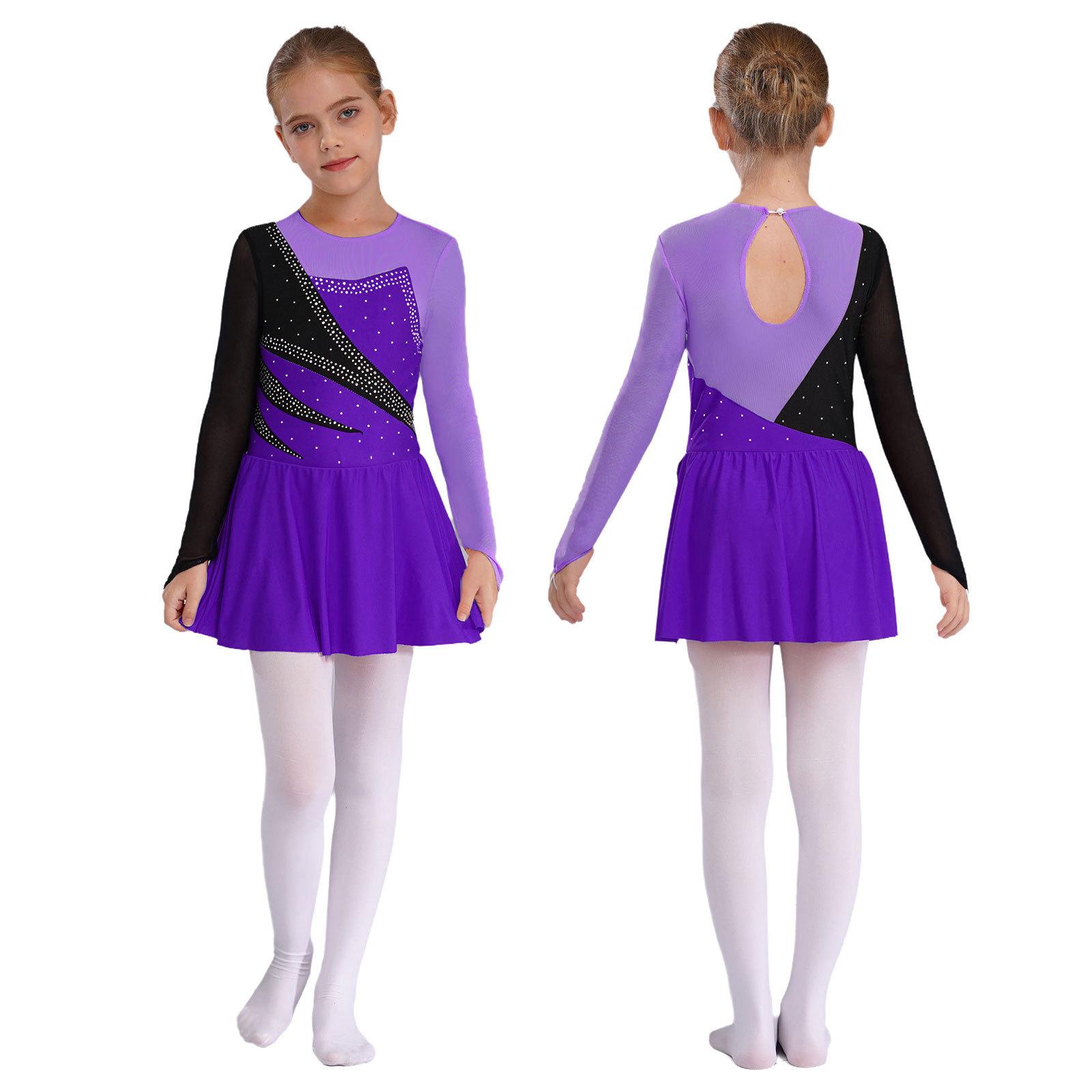 IEFiEL Figure Skating Dress Kids Girls Tutu Ballet Dress Shiny Rhinestone Gymnastics Leotard Long Sleeve Mesh Ice Skating Dress 5-6 Years