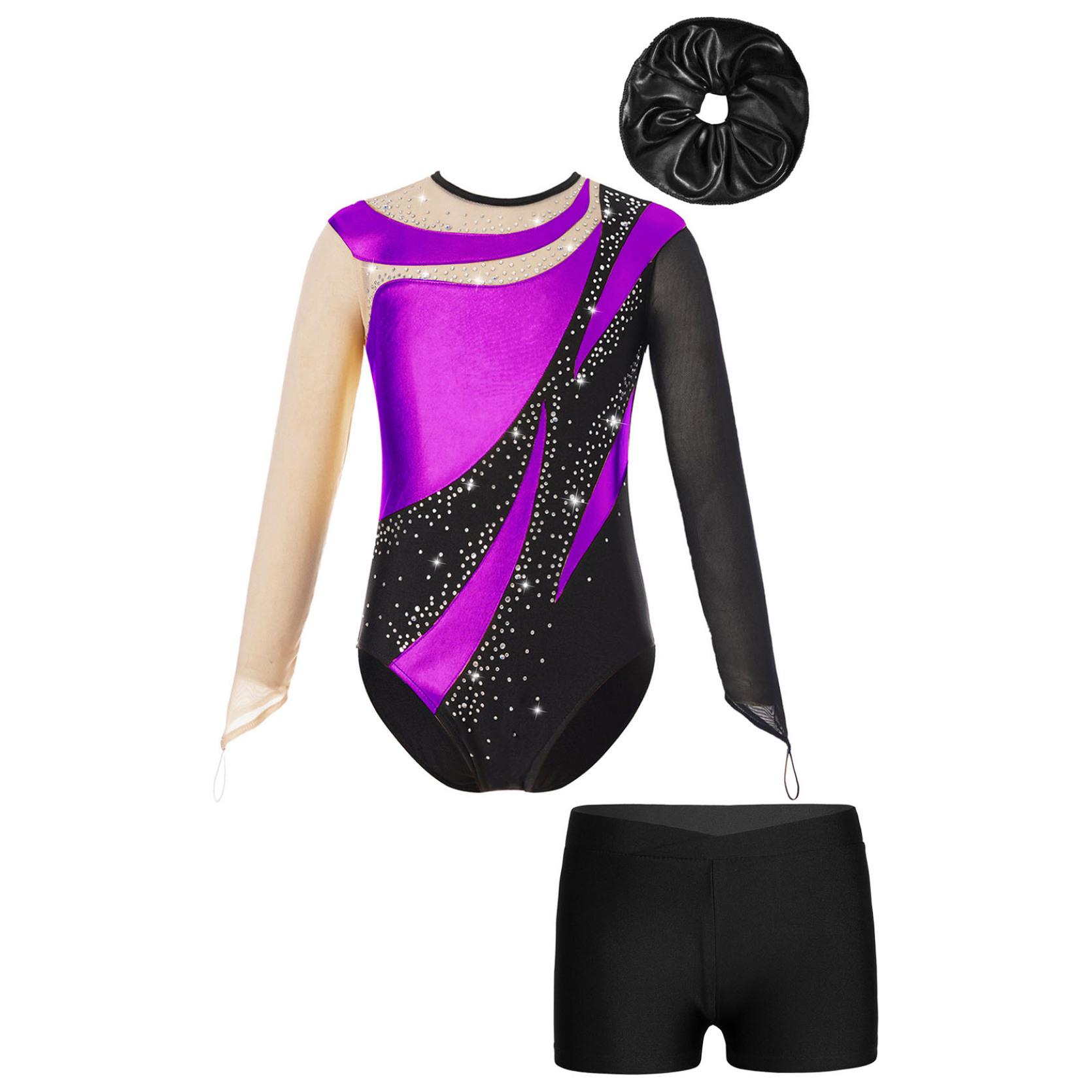 IEFiEL Gymnastiekprestatie-outfit voor kinderen, meisjes, mesh, sleutelgatrug, glanzend turnpakje met V-voorkant, tailleband, shorts en haarband 11-12 Years paars/zwart