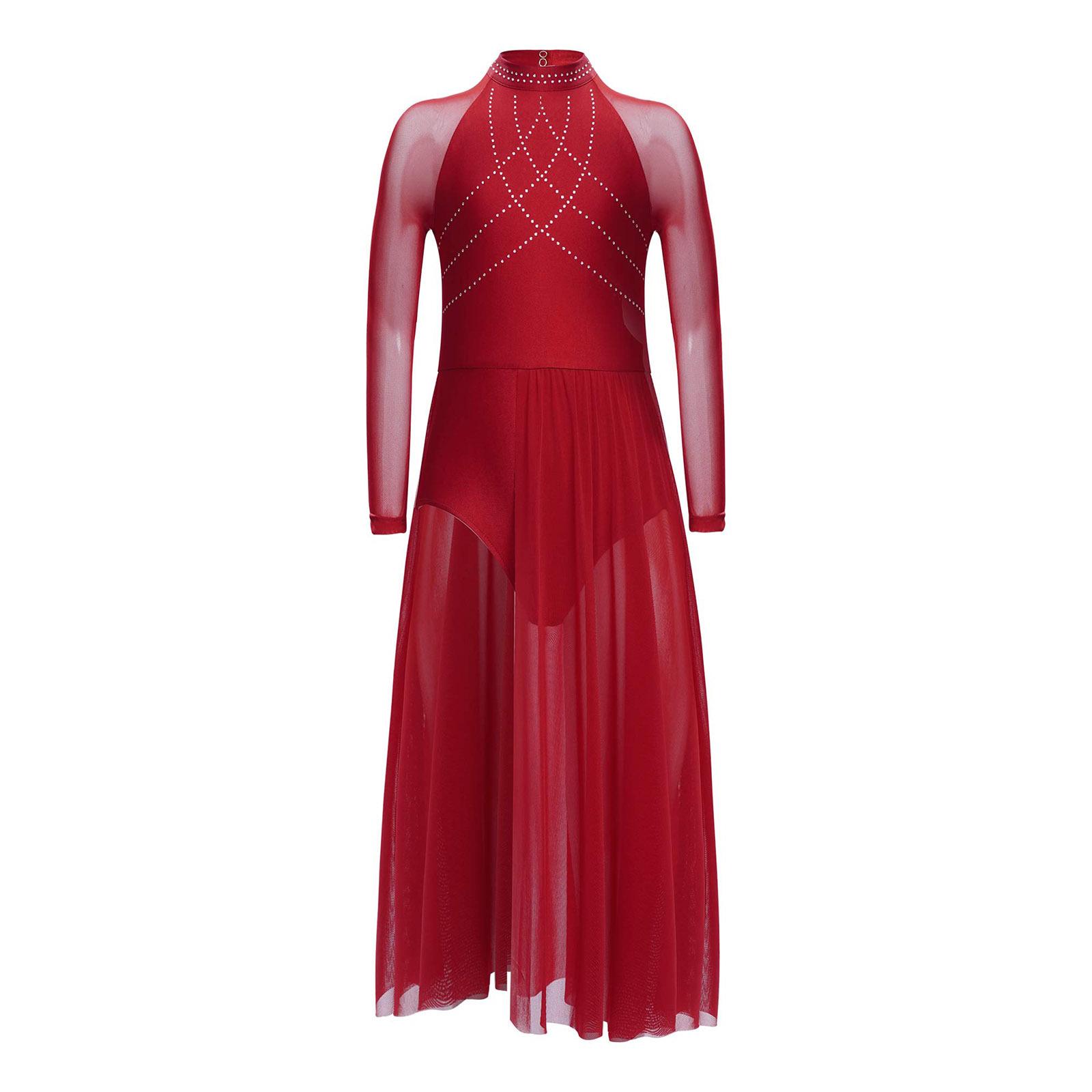 Ranrann Girls Performance Gown Rhinestones Sheer Mesh Patchwork Design Flowy Split Skirt Keyhole Back Leotard 15-16 Years bordeaux