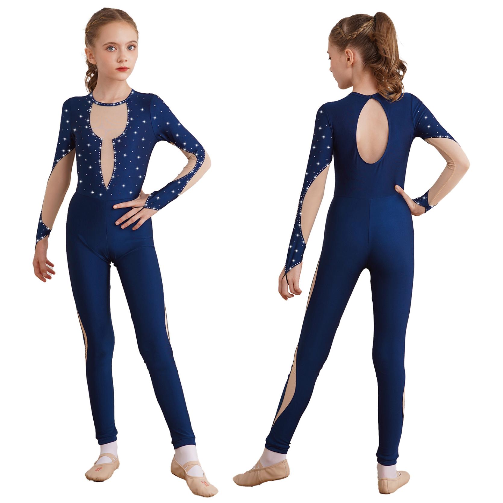 IEFiEL Kinderen meisjes glanzende gymnastiek unitard bodysuit lange mouw terug sleutelgat mesh patchwork schaatsen jumpsuit 11-12 Years marineblauwe kleur
