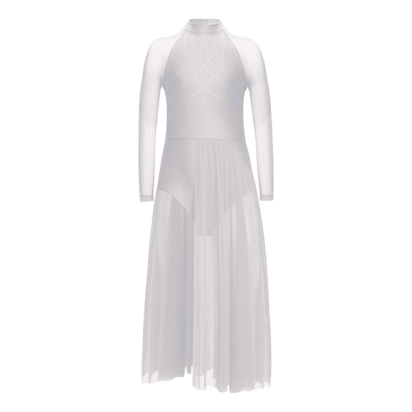 Ranrann Meisjes Performance Galajurk Strass Steentjes Transparant Mesh Patchwork Design Wapperende Split Rok Keyhole Rug Turnpakje 9-10 Years