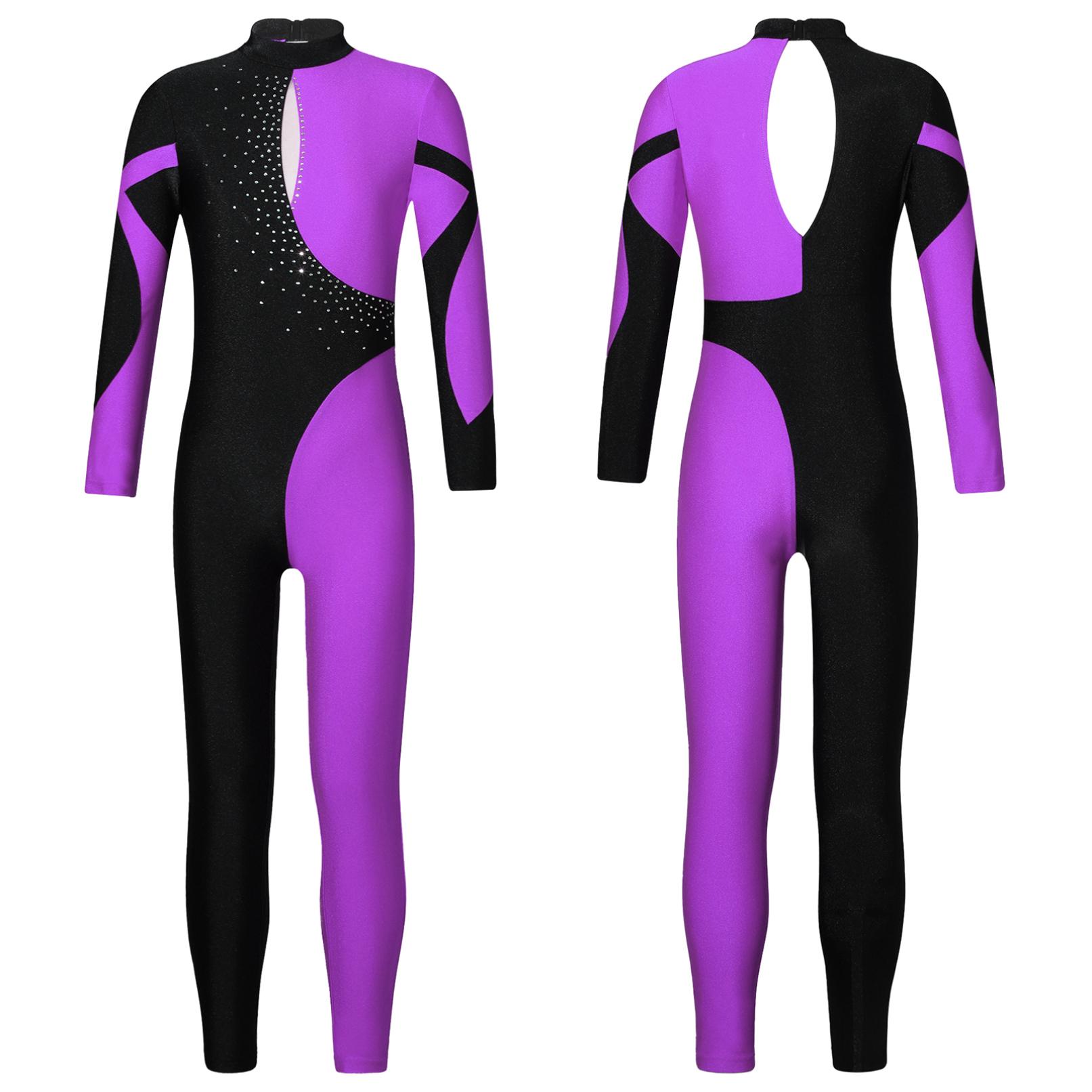 Daenrui Gymnastiek Jumpsuits Kinderen Glanzende Strass Schaatsen Bodysuit Meisjes Lange Mouw Ballet Dans Full Body Maillots Unitards 11-12 Years paars