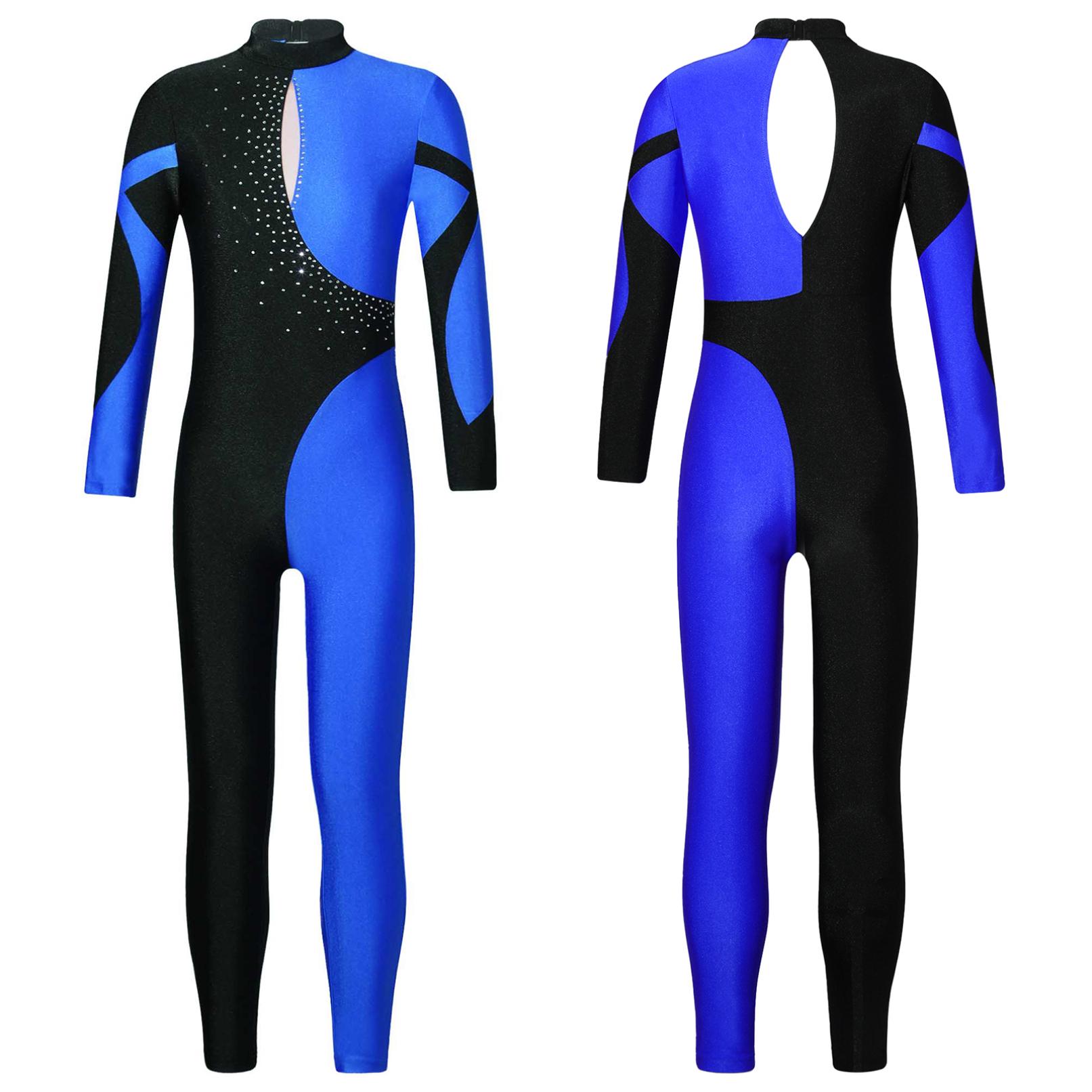 Daenrui Gymnastiek Jumpsuits Kinderen Glanzende Strass Schaatsen Bodysuit Meisjes Lange Mouw Ballet Dans Full Body Maillots Unitards 11-12 Years marineblauwe kleur
