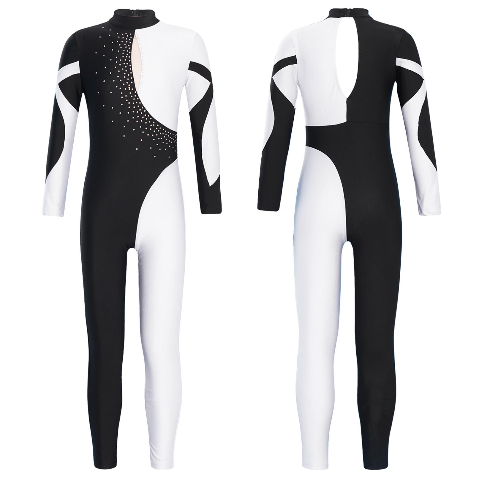 Daenrui Gymnastiek Jumpsuits Kinderen Glanzende Strass Schaatsen Bodysuit Meisjes Lange Mouw Ballet Dans Full Body Maillots Unitards 9-10 Years wit