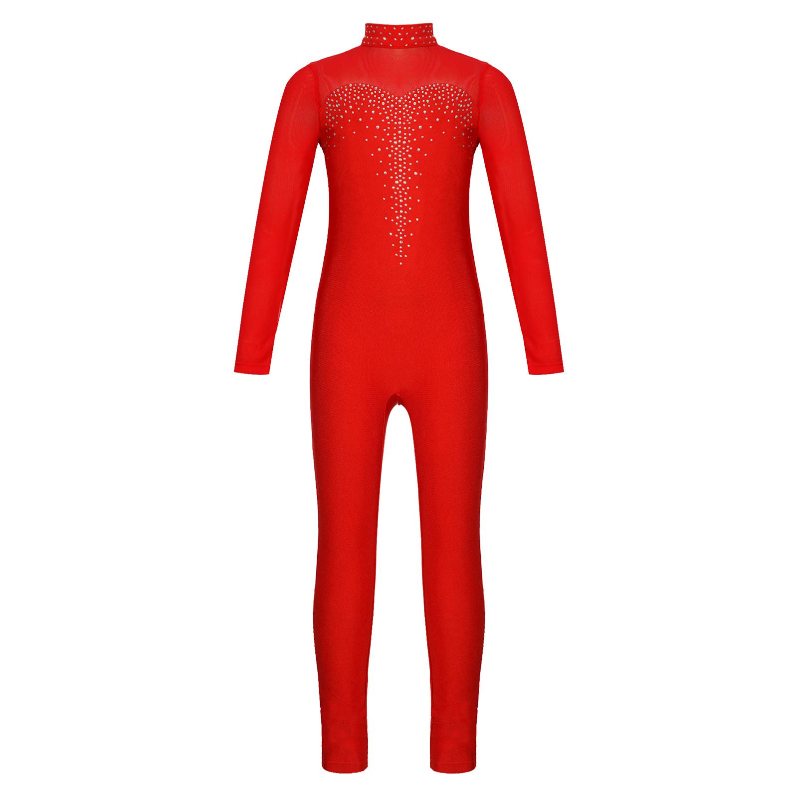 Inlzdz Girls Figure Skating Unitard Shiny Rhinestone Jumpsuit Sheer Mesh Long Sleeve 9-10 Years