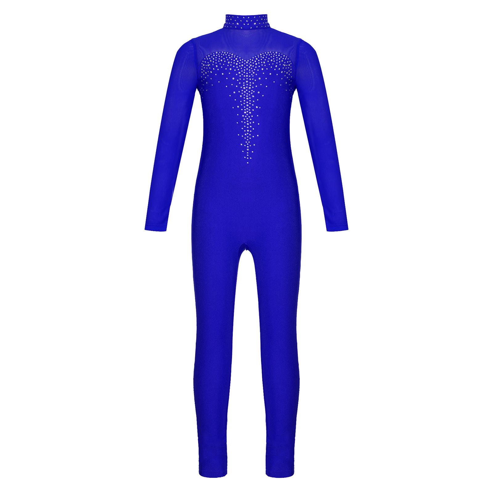 Inlzdz Girls Figure Skating Unitard Shiny Rhinestone Jumpsuit Sheer Mesh Long Sleeve 9-10 Years koningsblauwe kleur
