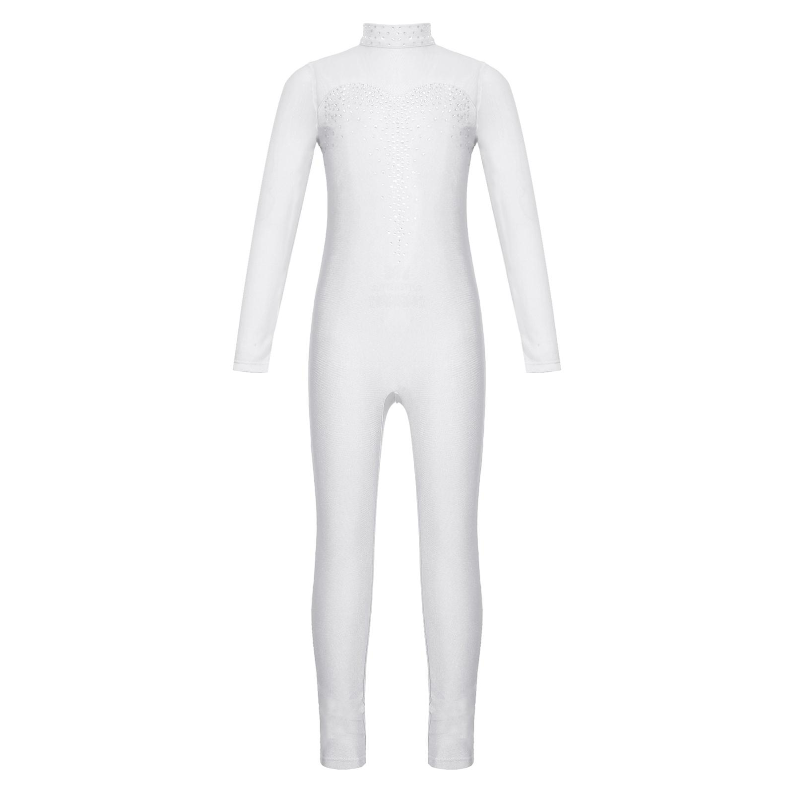 Inlzdz Girls Figure Skating Unitard Shiny Rhinestone Jumpsuit Sheer Mesh Long Sleeve 11-12 Years wit